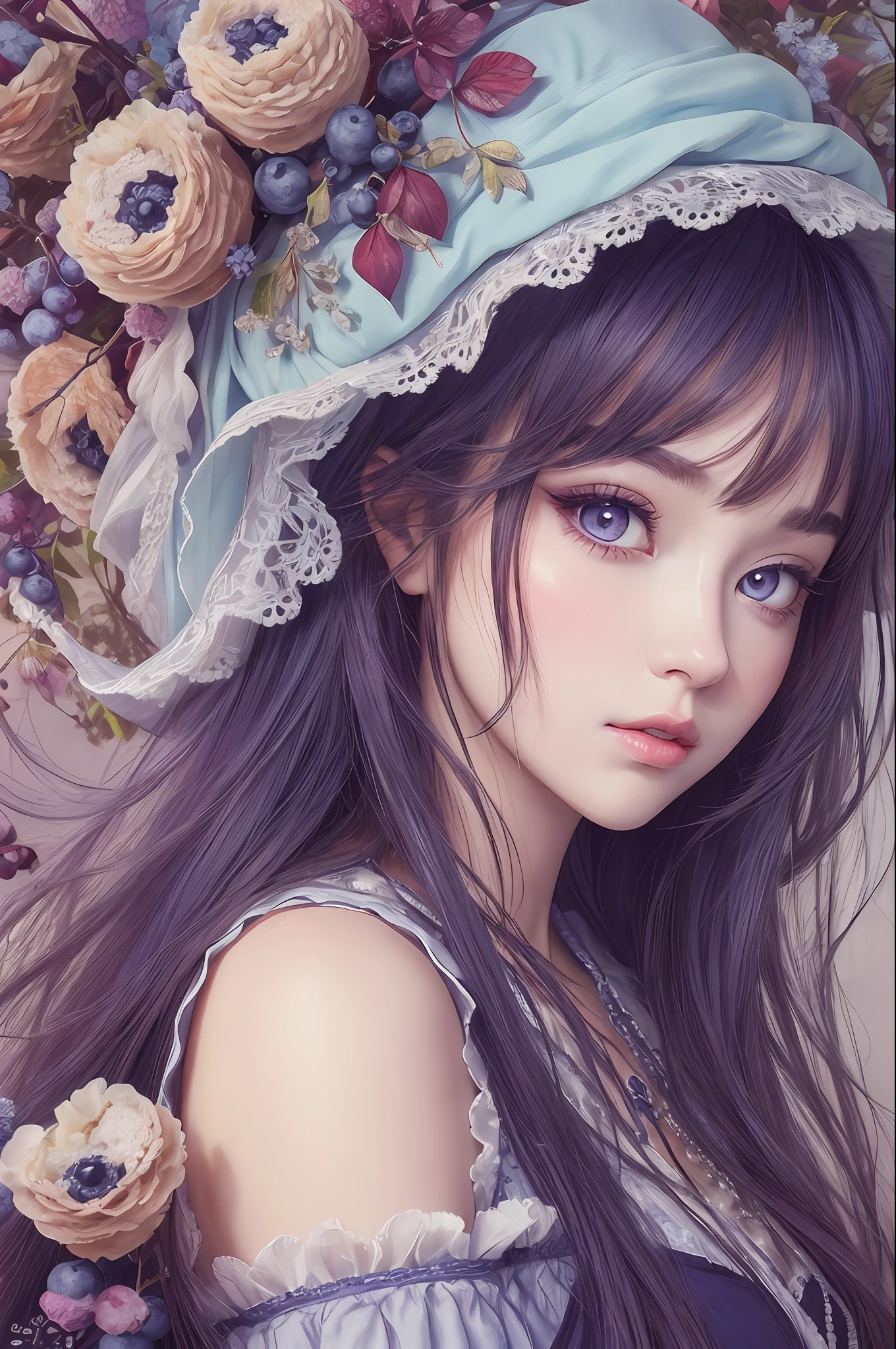 Absurd, ultra-detailed, high quality, masterpiece, detailed face, beautiful eyes(detailed eyes),  Dreamy , Romantic , Vivid, girl , blueberry fruits , blueberry muffin character, cute , whole body