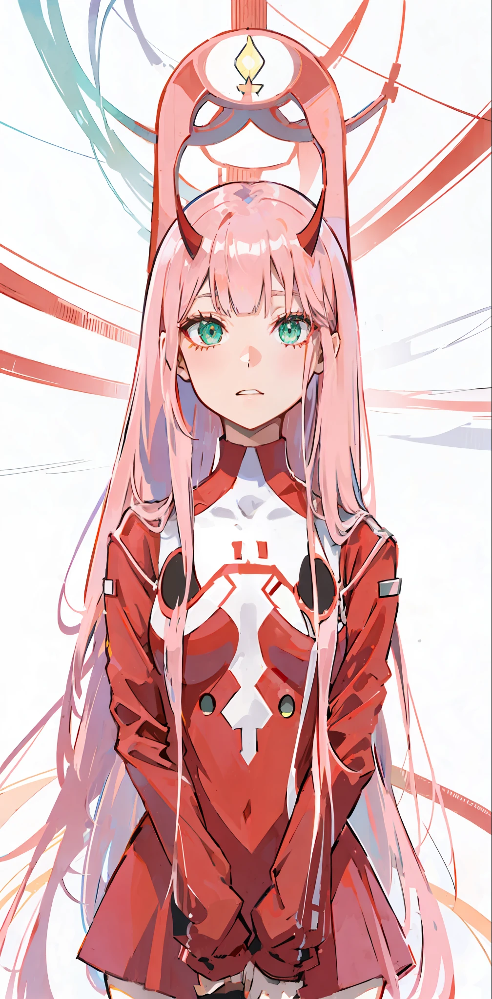 zero two \(darling in franxx\), darling in franxx, 1girl, bangs, bite, shadow, green eyes, horns, long hair, looking at the viewer, small breasts, makeup, small breasts, red bodysuit, pink hair, red eyeshadow, tight skin, solo