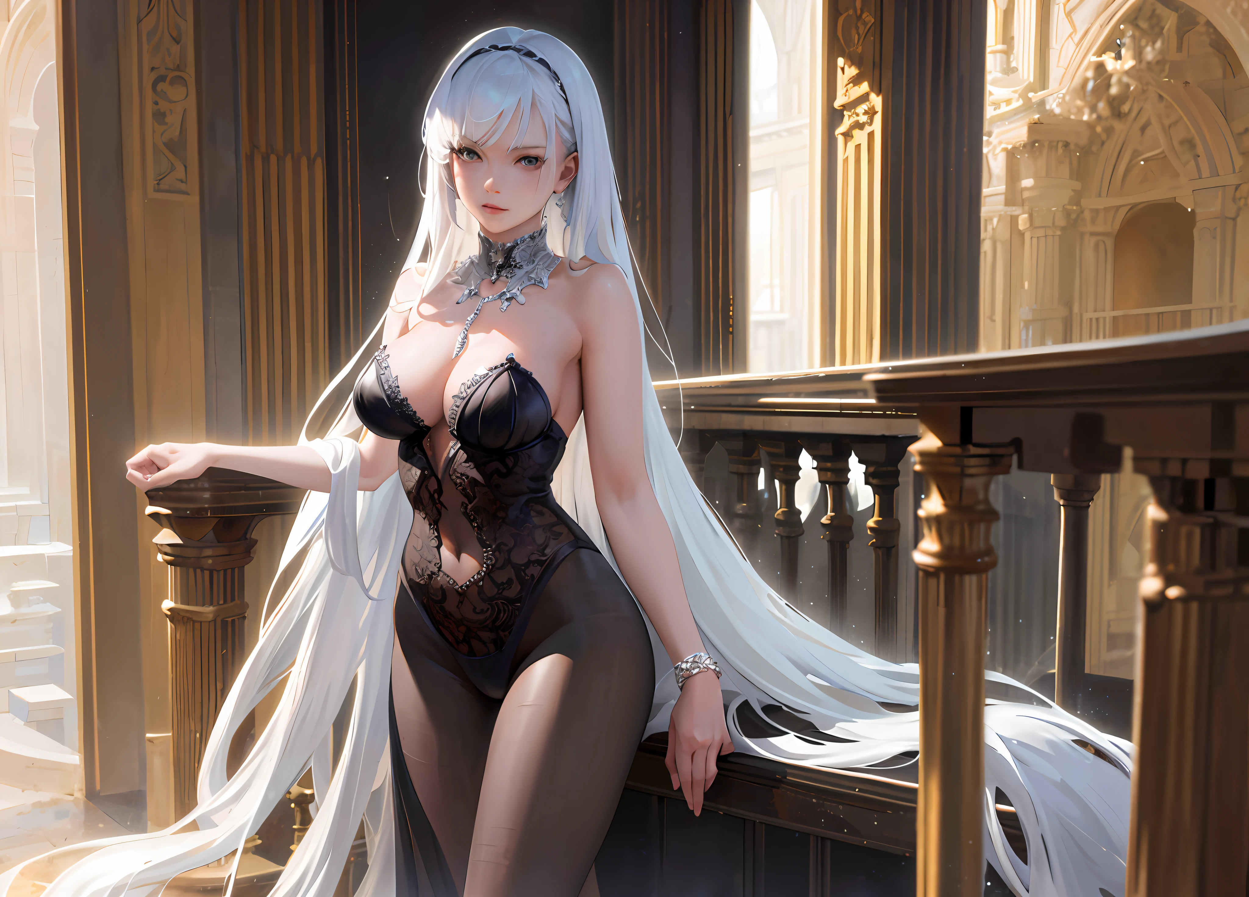 Girl with white hair, little clothing, transparent clothes, detailed face, skin with realistic texture, no underwear, big breasts, open clothes, big neckline, semi low panties, roupas de renda, 8k, highest quality, masterpiece: 1.2, half naked