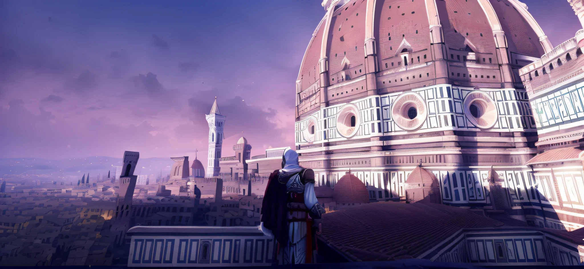 ((Florence in the evening: 0.8 + Santa Maria del Fiore: 1.3), (Ezio the Assassin: 1.5), Vista Tower: 0.9, Roof, High detail, Sunset, Tower: 1.2, 4K)