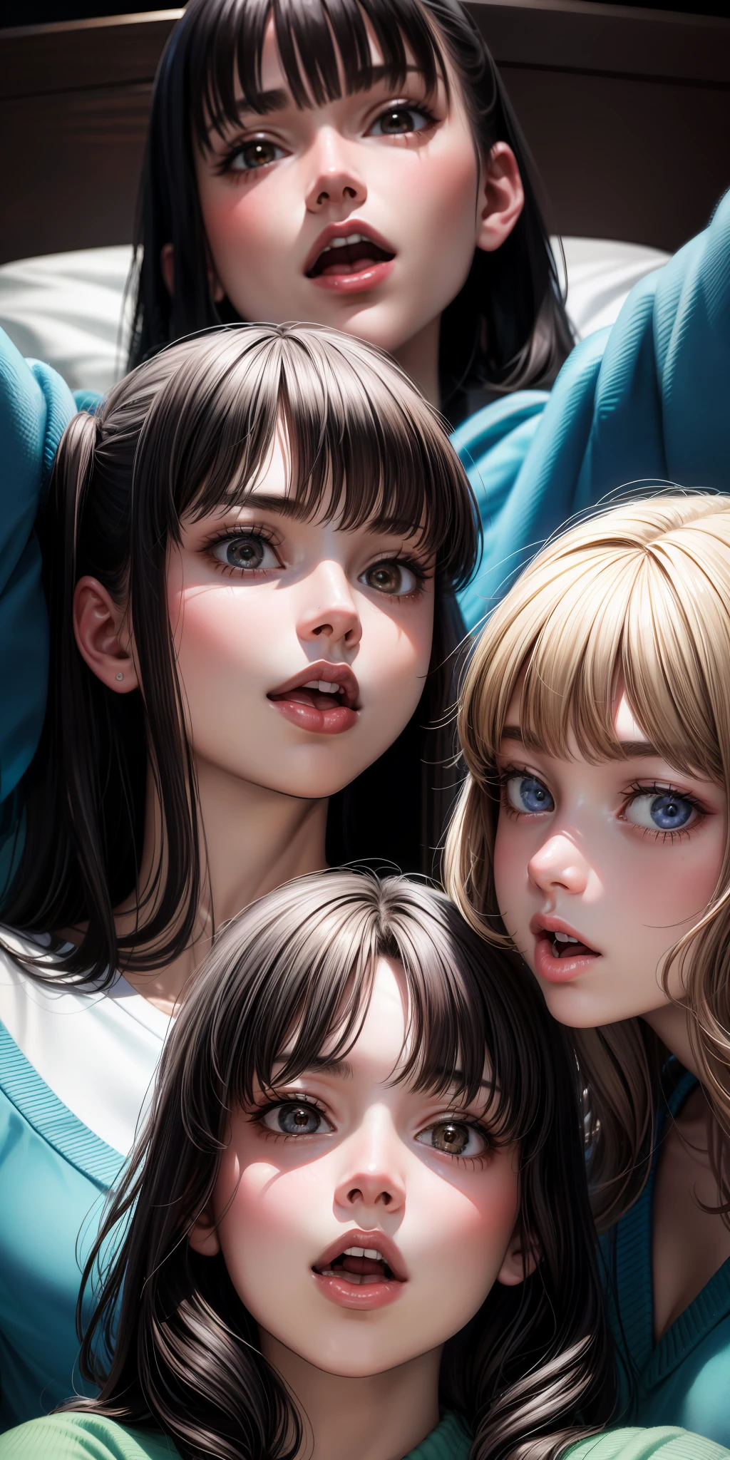 Realistic, 3 girls, selfie, face enhancement, face zoom, mouth wide open, tongue out, bedroom, sitting, looking up from below