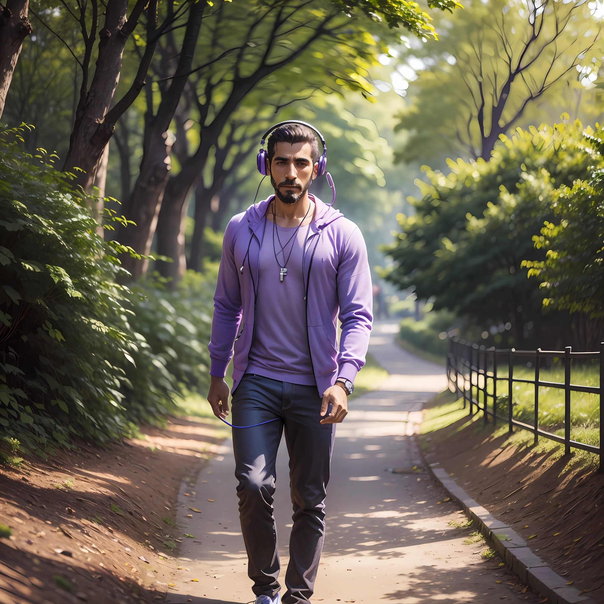 brazilian man in purple clothing, listening to music on headphones, walking in well-wooded park --auto --s2