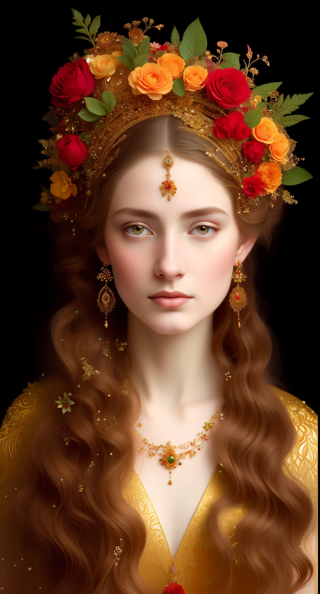 a woman with a red flower headpiece and gold jewelry, inspired by james christensen, inspired by James C. Christensen, a stunning portrait of a goddess, hyperrealistic art nouveau, portrait of an elf queen, inspired by Dino Valls, inspired by Hedi Xandt, mucha klimt and tom bagshaw, goddess portrait, inspired by Alexandre Cabanel