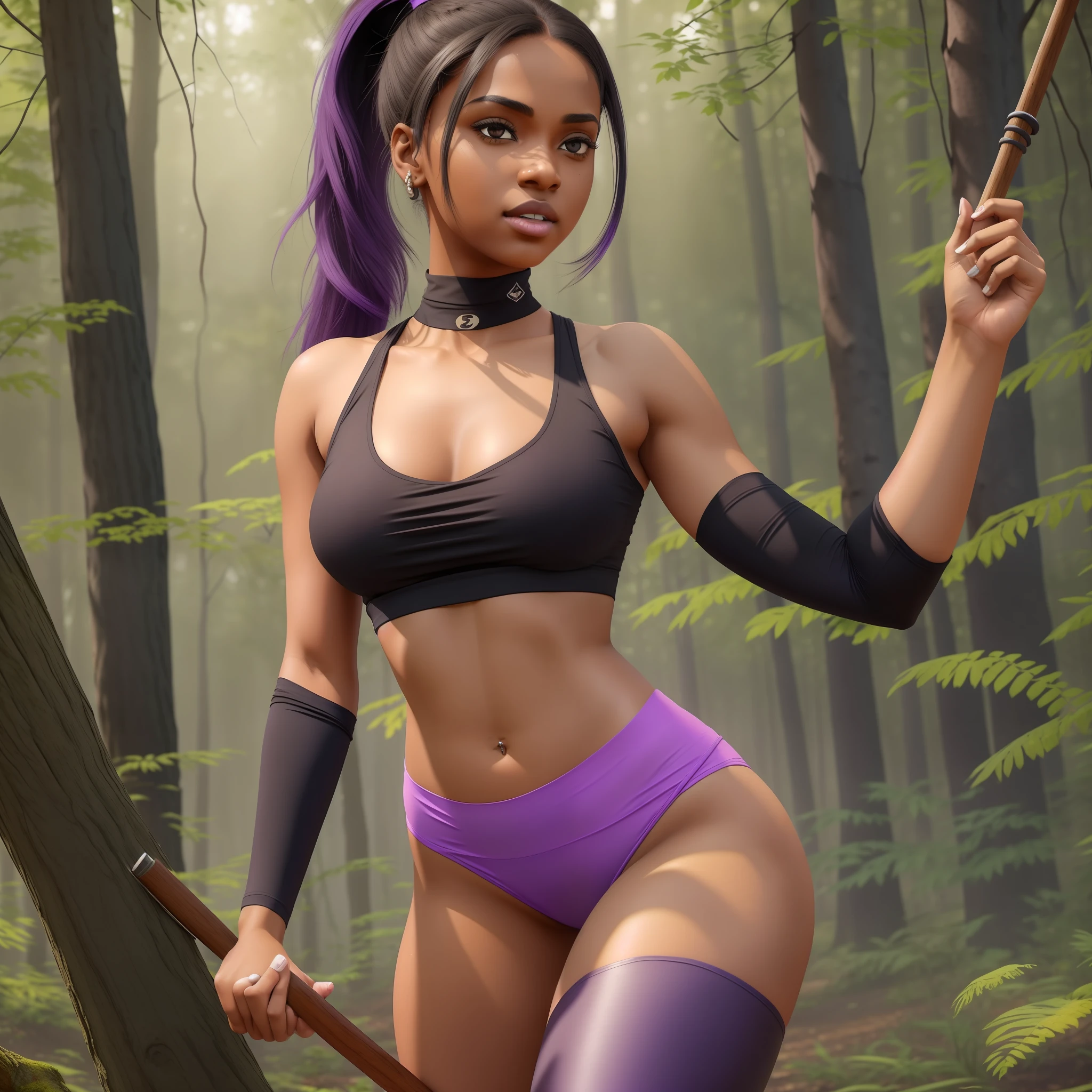 A girl with brown skin wearing a black top and purple leggings, black ponytail, yellow pupils, defined abdomen, slightly strong body, delicate face, beautiful skin, clean skin, attractive body, sunny left, forest with mist on the right, a wooden spear in the left hand, realistic image, 8k image, HD image, --auto --s2