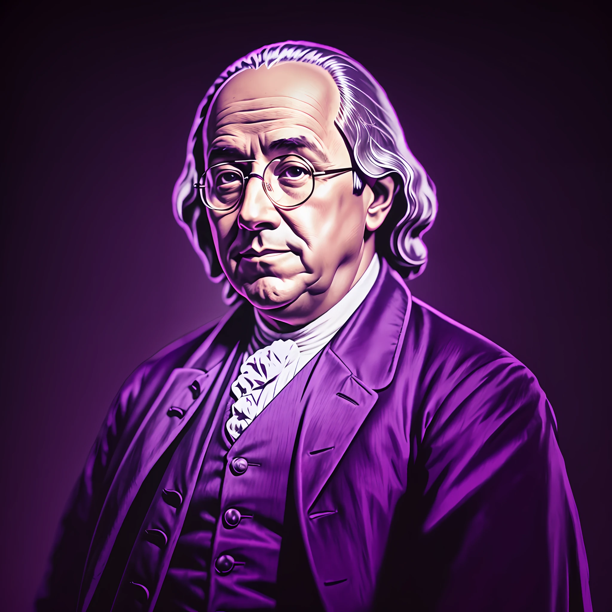 photo of Benjamin Franklin in purple outfit, dark purple lighting --auto --s2
