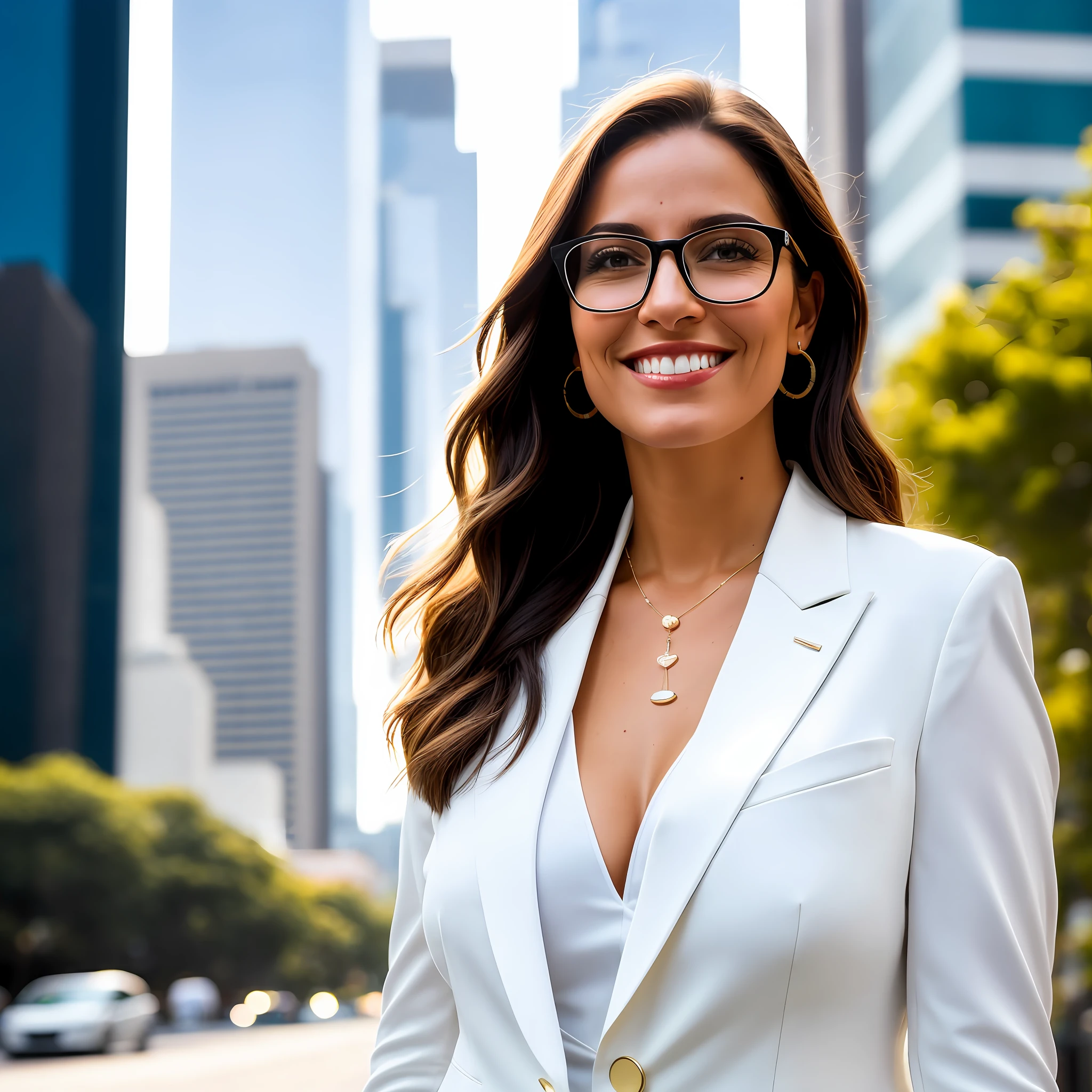 Ultra-realistic 4K photography, natural textures, urban setting, paulista avenue, downtown, sunset, a white Brazilian woman, entrepreneur, elegant sober clothing, friendly, large glasses, medium breasts, light white blouse, sober neckline, gray blazer, looking at the camera, light smile, do not duplicate.