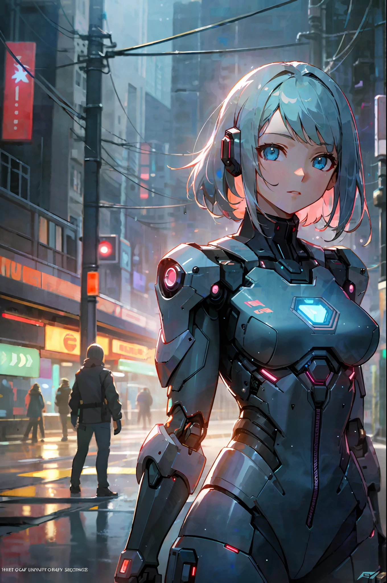 Artwork, top quality, cyberpunk, robot girl, on the streets, at night, raining, dynamic lighting, ray tracing, using dynamic reflections