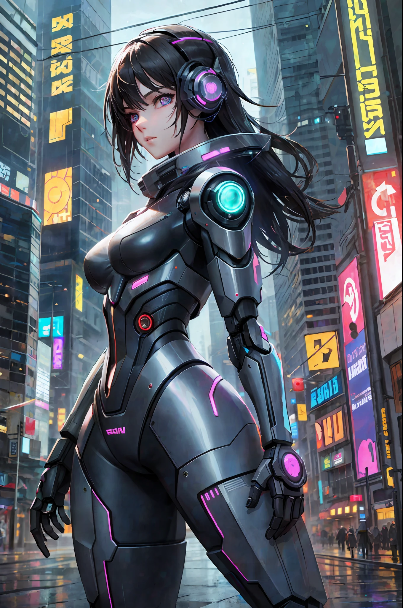 Artwork, top quality, cyberpunk, robot girl, on the streets, at night, raining, dynamic lighting, ray tracing, using dynamic reflections