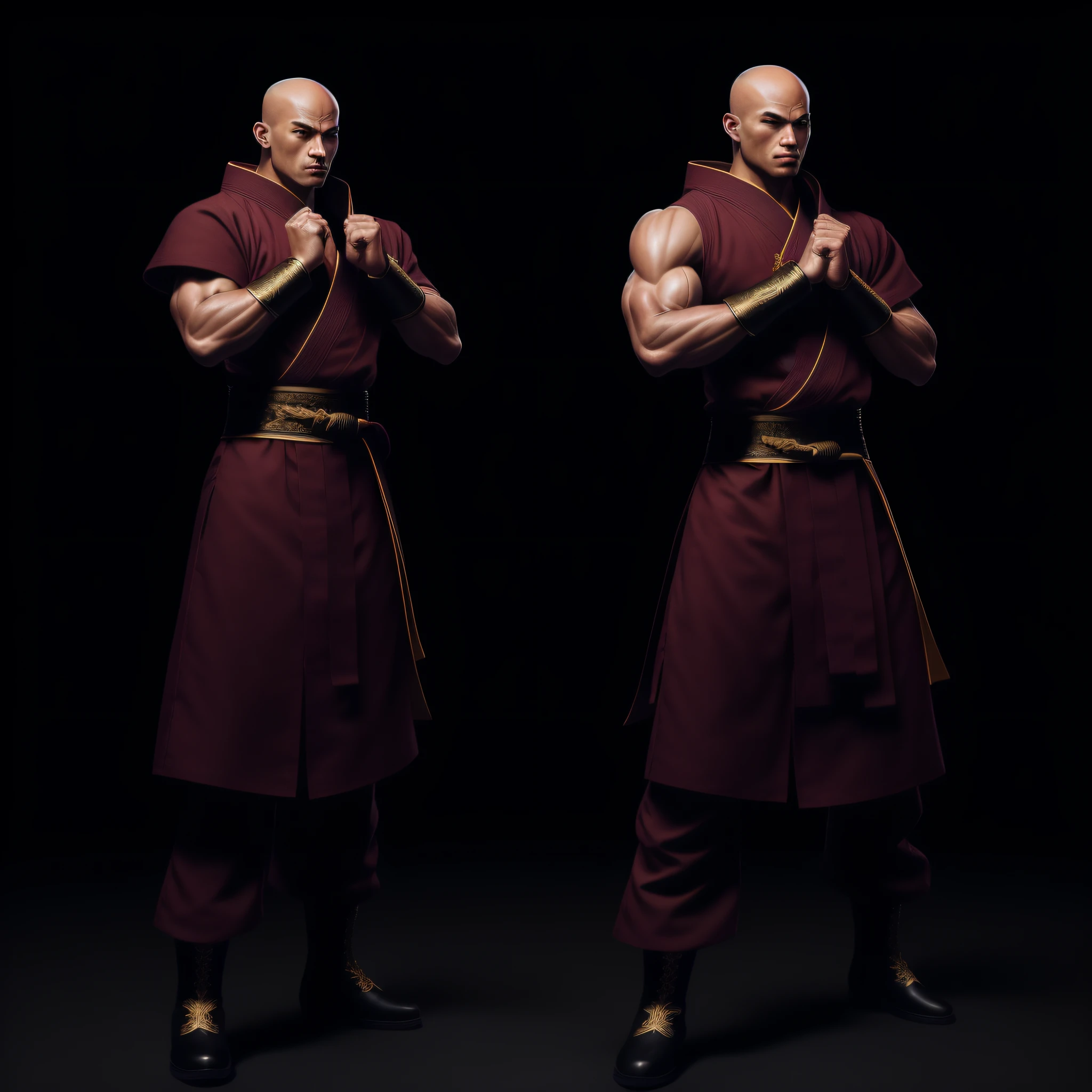 1 monk, monk facing camera, full body, perfect anatomy, (((perfect hands)), detailed intricate, costume, detailed dress, intricate dress, embroidered clothing, martial arts, rage, hd, 8k, ((shaolin)), ((monk)), warrior, artstation, powerful, realistic, art, masterpiece, standing, facing camera, facing front, looking forward, without weapons, with hands fighting posture, hands on the side of the body,  Master Abbot, brown skin, black skin, brown eyes, costume in the lightest colors- black pants, red sash, green windbreaker, golden details, wearing black boots white details, minimalist clean background. (perfect body proportion), ((hand with five perfect fingers)), (perfect anatomy),(bald) hyper-realistic, 8k, mystical, brutal, fight, berserk, anger, hd, 8k, soft lighting, white background, high quality, maximum quality, flawless, one character per image, keep distance between one character and the other, strong, muscles