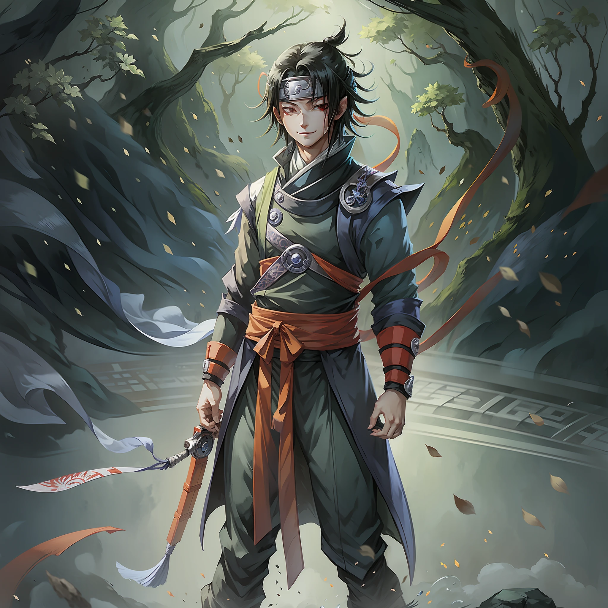 Sasuke Uchiha (Naruto), anime, ultra realistic, hd, full body, smiling for camera, nature --auto --s2