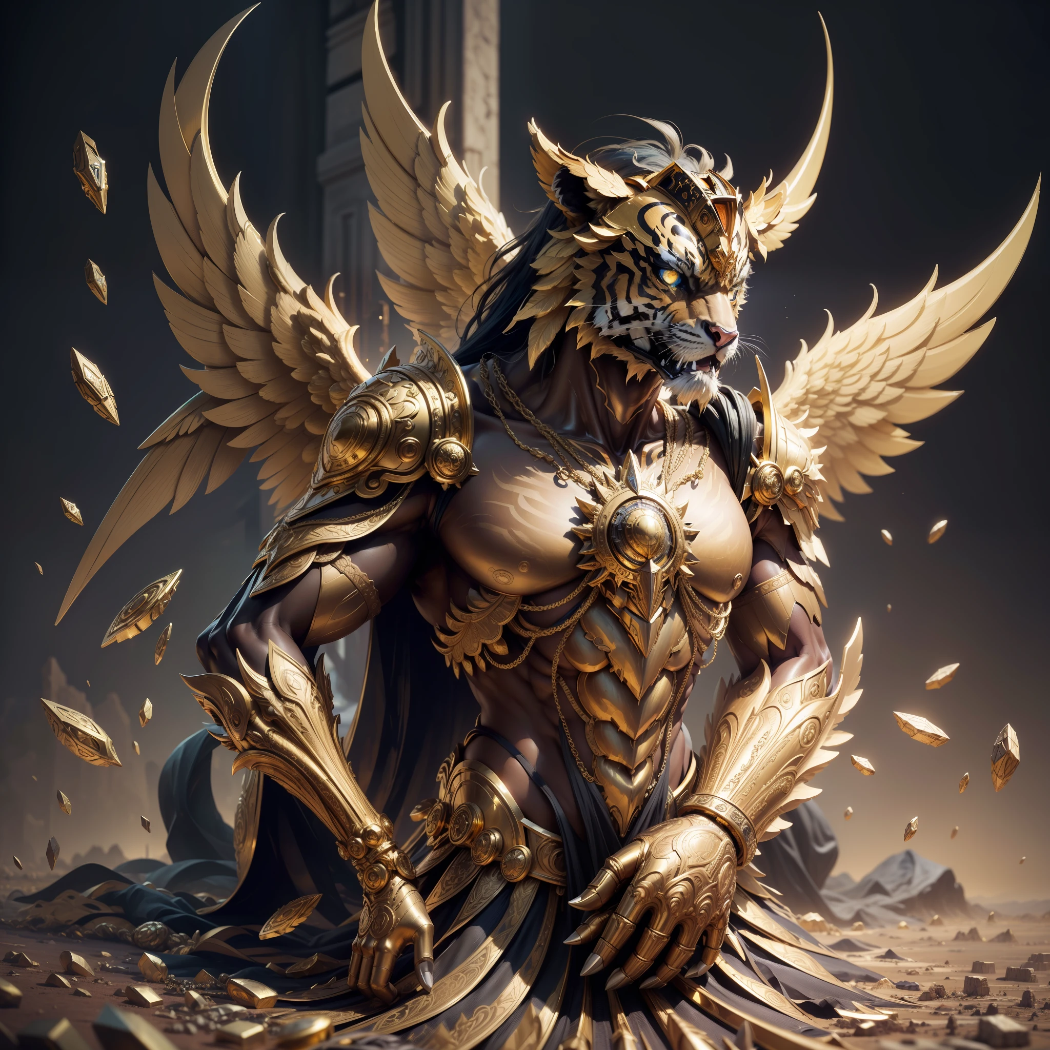 ((raw photo)), ((masterpiece)), anthropomorphic humanoid Angel Tiger wearing gold armor, intricate detail, autobot, intricate Greebles pieces, golden celestial city behind, large wings