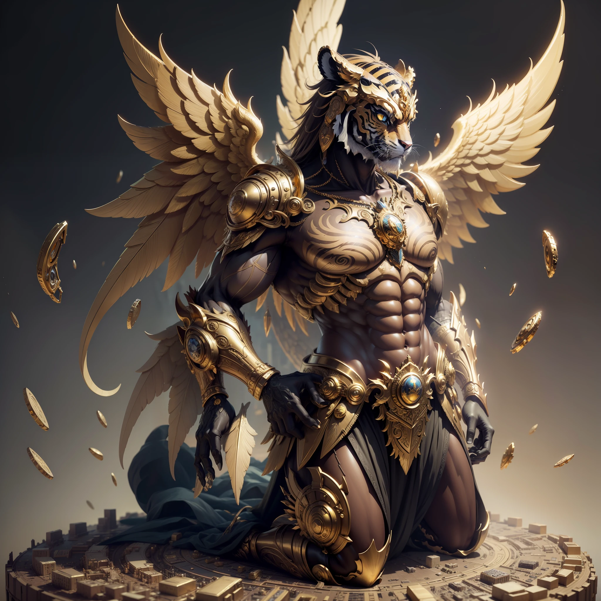 ((raw photo)), ((masterpiece)), anthropomorphic humanoid Angel Tiger wearing gold armor, intricate detail, autobot, intricate Greebles pieces, golden celestial city behind, large wings