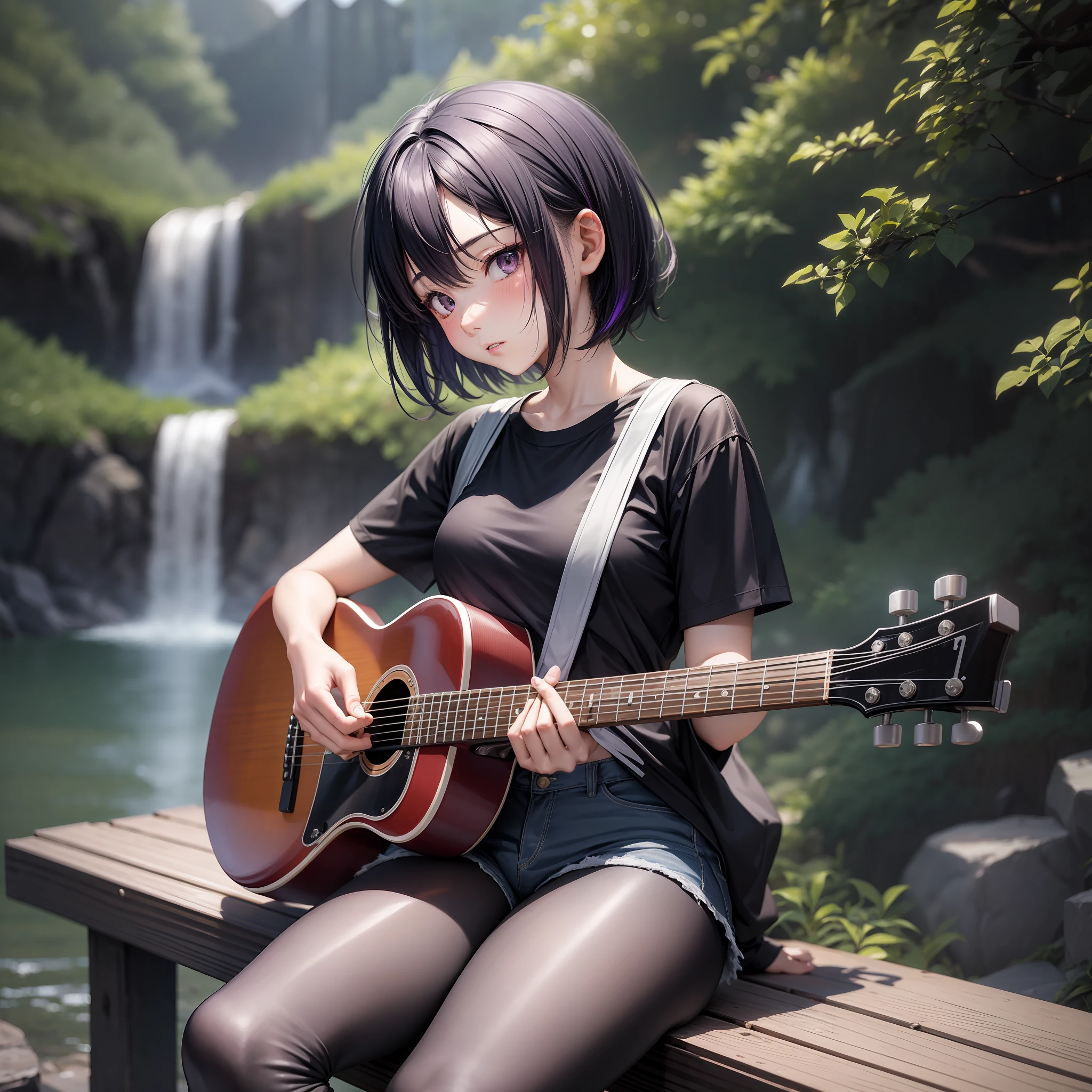Japanese girl with short hair softly dyed purple, black legging shorts, black T-shirt, white skin color, small ass, small breasts and holding a medium-sized guitar, sitting on a wooden bench, watching a natural landscape with waterfalls, cloudy weather, soft lighting hitting her face.