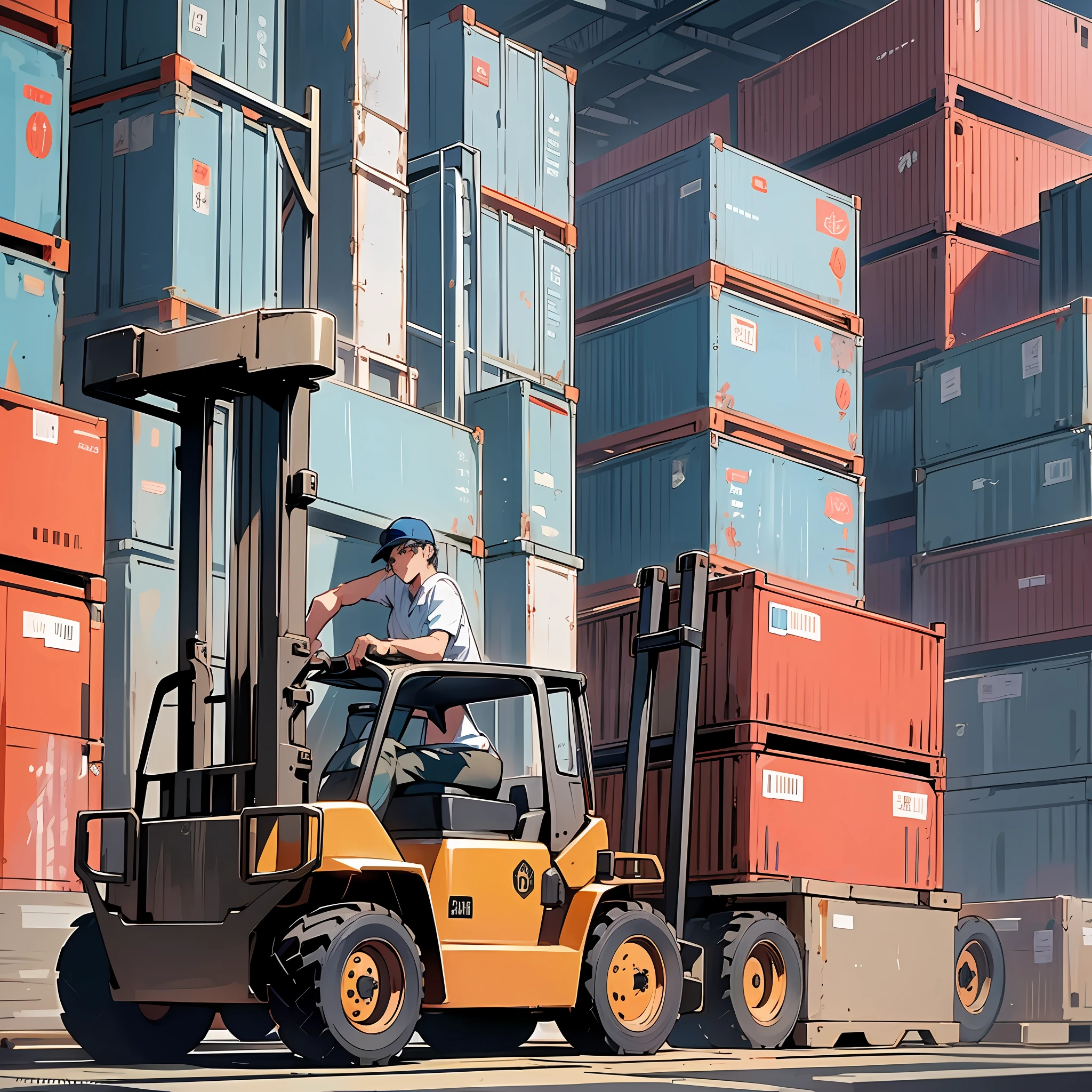 "Imagine a scene in a busy port where huge containers are lined up in a storage area. Featured, a large reach stacker deftly performs the task of moving a container of impressive dimensions. Its powerful engine emits a characteristic sound as it approaches the container, showing its ability to handle heavy loads. The forklift operator, seated in the raised cab, masterfully uses the controls to engage the forks in the container. With millimeter precision, the forklift lifts the container off the ground and expertly balances it as it moves through the harbor yard. --auto --s2