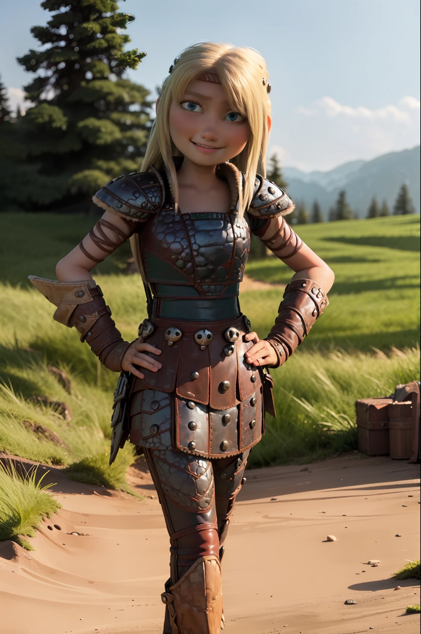 (masterpiece, best quality:1.2), cowboy shot, solo, 1girl, astrid hofferson, smile, closed mouth, looking at viewer, hand on hip, headband, armor, shoulder armor, pants, legs crossed