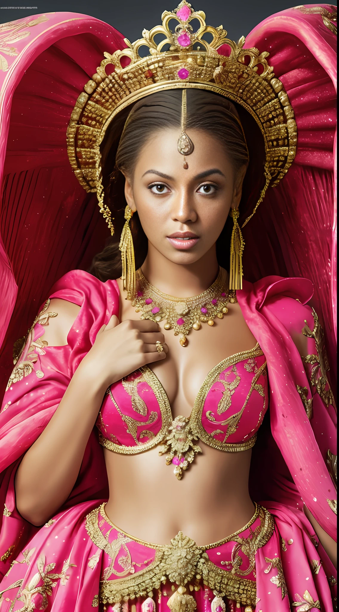 Beyoncé, a woman in a pink dress with gold and red wings, costume dress, intricate costume dress, intricate costume, costume outfit, bathrobe. extremely high details, colorful rich costume clothes, wearing a magnificent dress, extravagant dress, magic dress, ornate dress, costume style clothes, intricate dress, costume made with love, ((a beautiful empress of fantasy)), intricate costume robes, Best quality, realistic, realistic, award-winning illustration, (highly detailed face and skin texture), (full body), (complicated detail: 1.2), (fine detail), (complicated detail), (cinematic lights, best quality backlight), sharp lines, sharp focus, official art, unit 8k wallpaper, absurd, unbelievably absurd, huge file size, ultra-, fantasy art, rtx,((closeup photo by award-winning studio)), , (shut up), , perfect hands, beautiful detailed eyes, Perfect Face