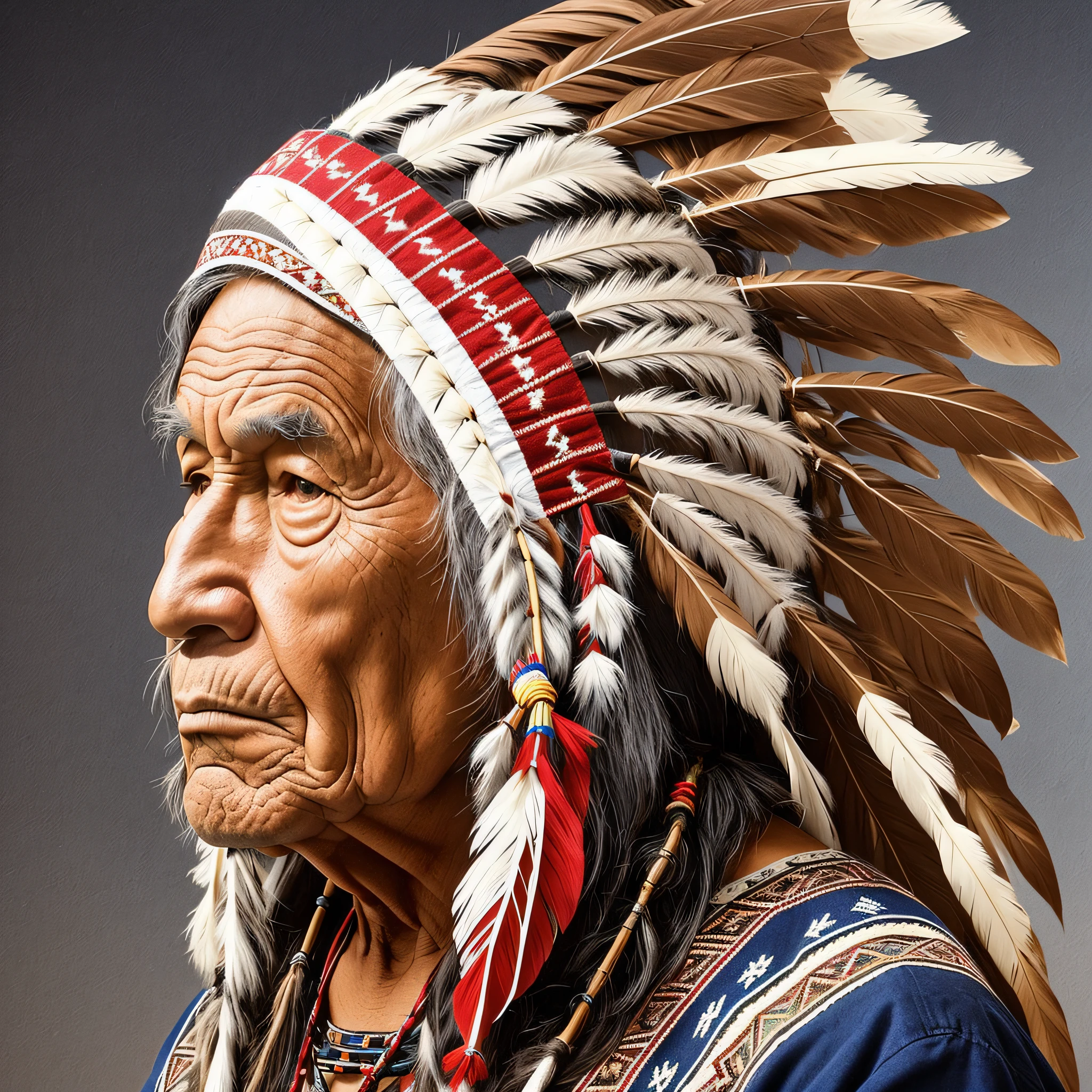 Please generate an image of an elderly Native American man wearing a headdress. The man should be in profile, facing the left. --auto --s2