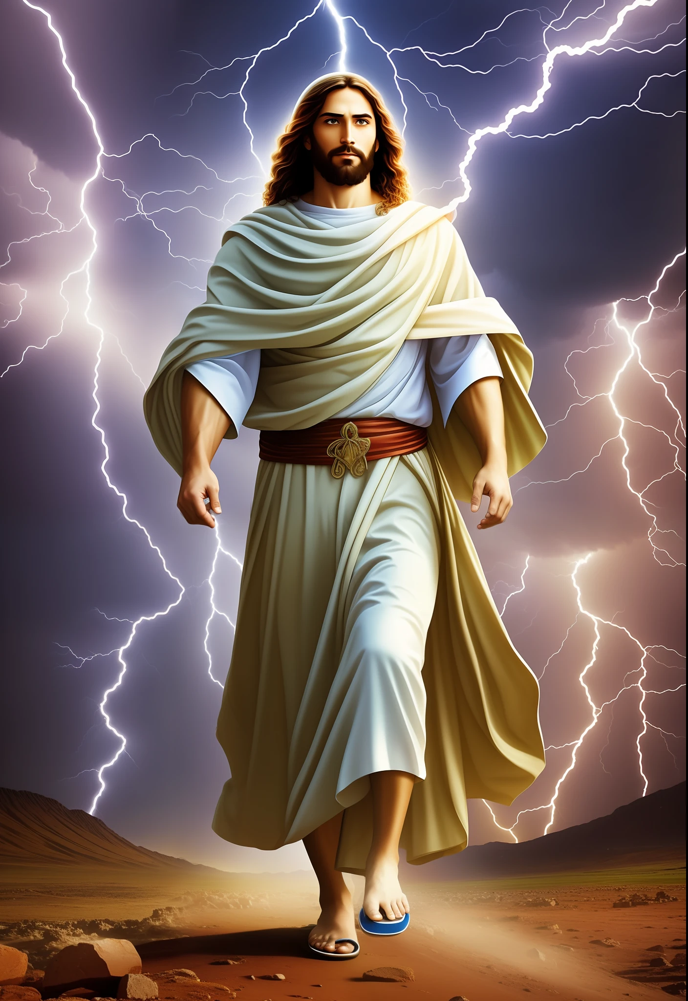 jesus messiah of israel, dressed in jewish clothes, walking among the clouds, surrounded by wind and lightning, lightning, heavenly weather, divine vision, magnificent splendor, strong and enveloping colors, determined look.