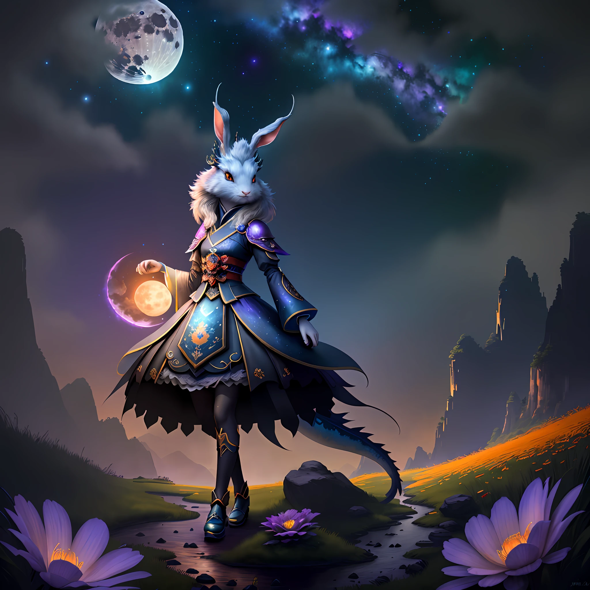 Vast landscape photos, (looking at the sky and the wilderness below), "A rabbit, magical, anthropomorphic, girl, angry expression, glowing eyes, Wanruo mask, Hanfu, background of ancient Chinese streets, night." Genshin Impact Impact, Best Quality, High Detail, High Quality, Ultra High Resolution, OC Rendering, 8K" Standing in a Flower Field and Looking Up, (Full Moon: 1.2), (Meteor: 0.9), (Nebula: 1.3), Far Away Mountains, Tree Breaking Making Art, (Warm Source: 1.2), (Firefly: 1.2), Lights, Purple and Orange, Intricate Details, Volumetric Lighting BREAK (Masterpiece: 1.2), (Highest Quality), 4K, Ultra Detailed, (Dynamic configuration: 1.4), Highly detailed and colorful details (rainbow color: 1.2), (Sparkling lighting, atmospheric lighting), Dreamy, magical, (Solo: 1.2), (Ying Dragon God), (Through the clouds), (Top of the mountains), (Complex), (Super Detail), (Starry Sky Background), (Stout Limbs), (Moon Night), (Ultra Clear), (Best Quality),