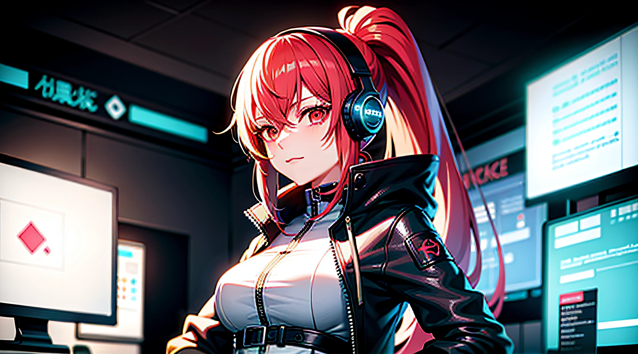 hacker, female, computer, high resolution, high quality, cyberpunk style clothes, cyberpunk style coat, headphones, delicate beautiful and charming face, cute medium breasts, layered long ponytail, slim waist