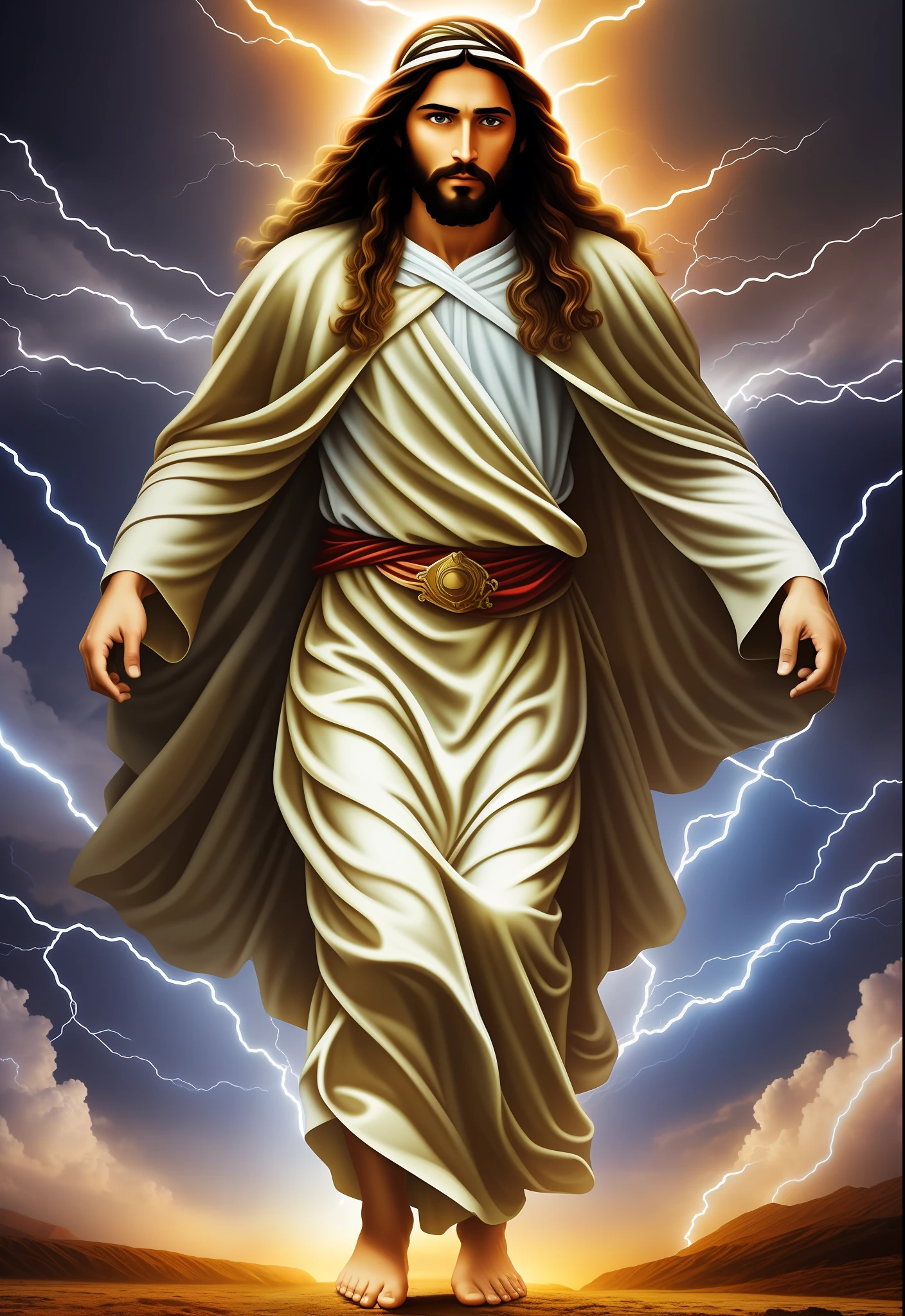 jesus messiah of israel, dressed in jewish clothes, walking among the clouds, surrounded by wind and lightning, lightning, heavenly weather, divine vision, magnificent splendor, strong and enveloping colors, determined look.
