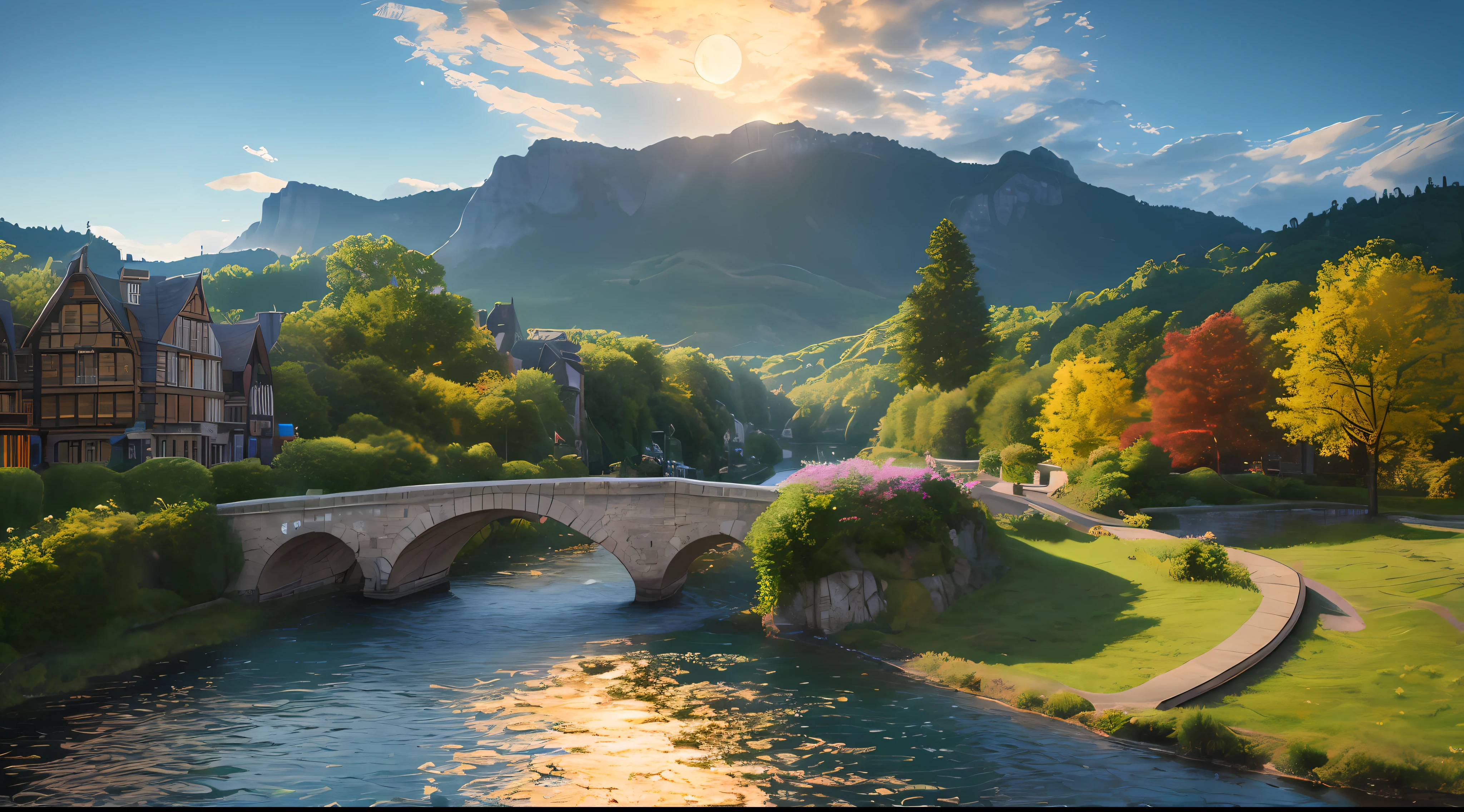 ((masterpiece, best quality, high resolution, super resolution, super detailed, ultra detailed, rich background)), (outdoor), beside river, bridge and river behind, city scenery behind, scenery, nighttime, dark, lowlight, moon, moonlight, dynamic light, shooting star , unrealistic engine 5, beautiful highly detailed design, CGSOICETY, trending on artstation, UHD, masterpiece of perfectionism, 4k, high quality detail,  photo realism insanely detailed beautiful HD scene