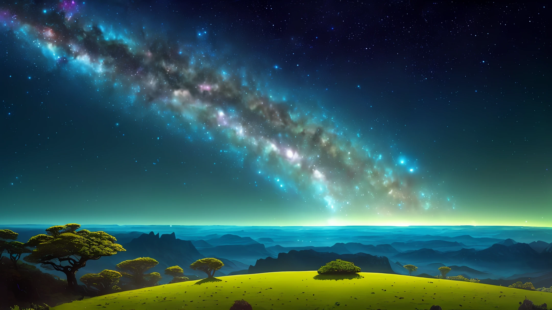 (a cosmic landscape), (vast and expansive view), (starry sky filled with countless stars), (sprawling galaxies in the distance), (lush and vibrant greenery), (intricate and diverse plant life), (peaceful and tranquil atmosphere), (serene and otherworldly colors), (sense of depth and scale), (captivating cosmic formations), (no human presence), (harmonious and balanced composition), (dazzling celestial light), (intriguing cosmic structures)