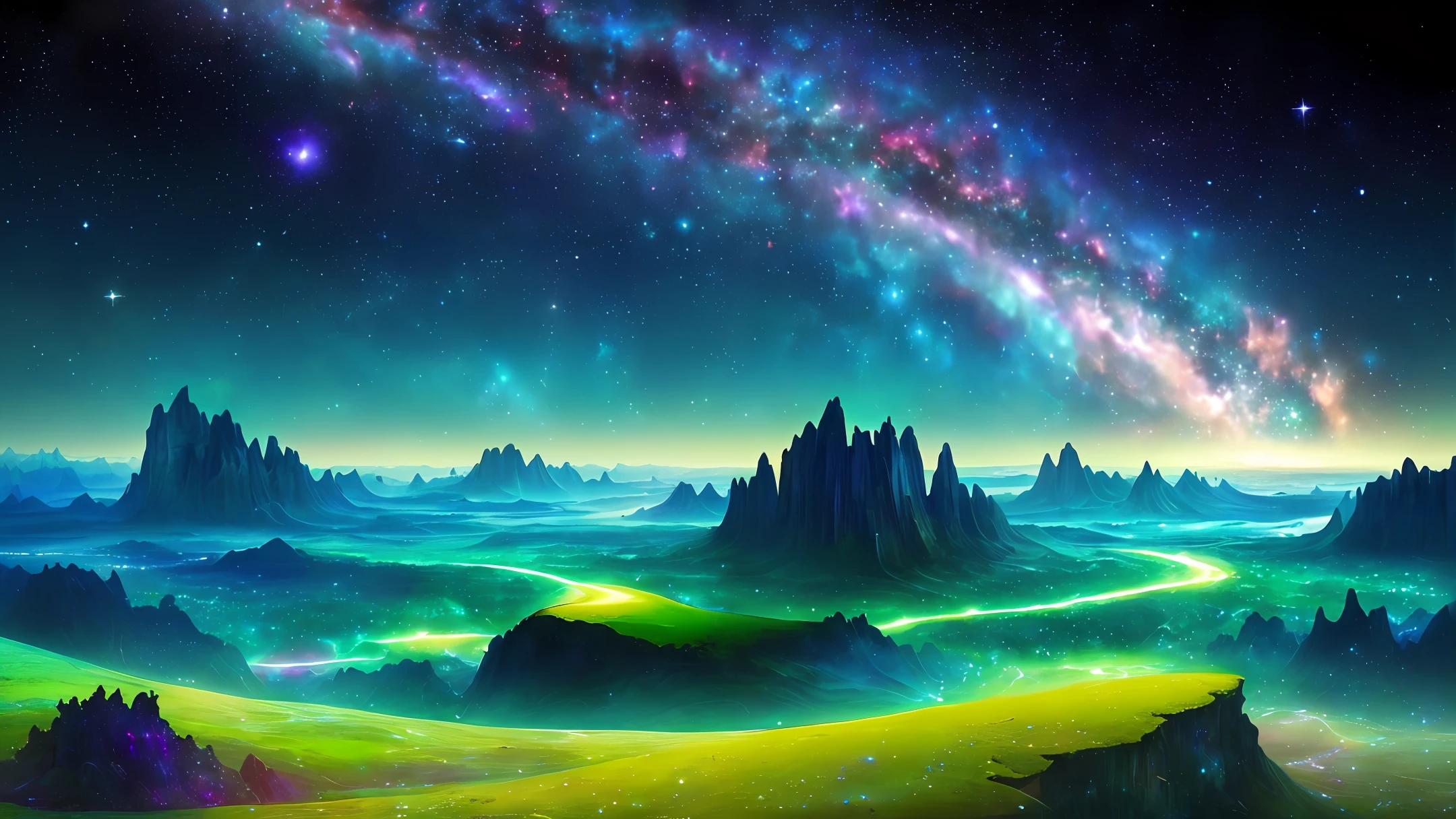 (a cosmic landscape), (vast and expansive view), (starry sky filled with countless stars), (sprawling galaxies in the distance), (lush and vibrant greenery), (intricate and diverse plant life), (peaceful and tranquil atmosphere), (serene and otherworldly colors), (sense of depth and scale), (captivating cosmic formations), (no human presence), (harmonious and balanced composition), (dazzling celestial light), (intriguing cosmic structures)