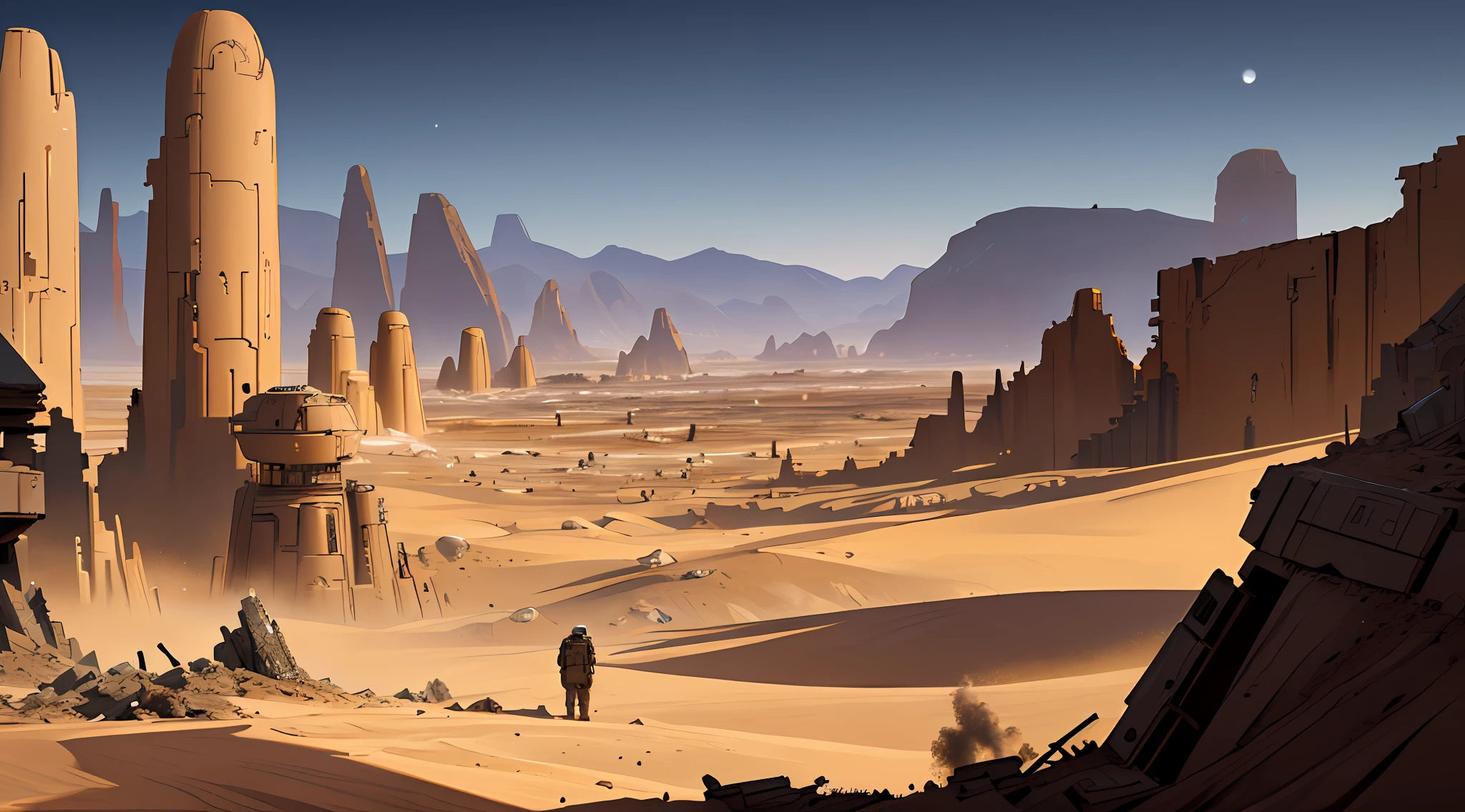 (8k unit wallpaper CG extremely detailed, masterpiece, best quality, ultra-detailed), (((soil)))), a jedi on a hill looking at a destroyed city in the distance, planetary desert landscape, Star Wars style, (high details), (intricate details), intricate, incredible high details, highly detailed environment, sunny, illustrator, (masterpiece).