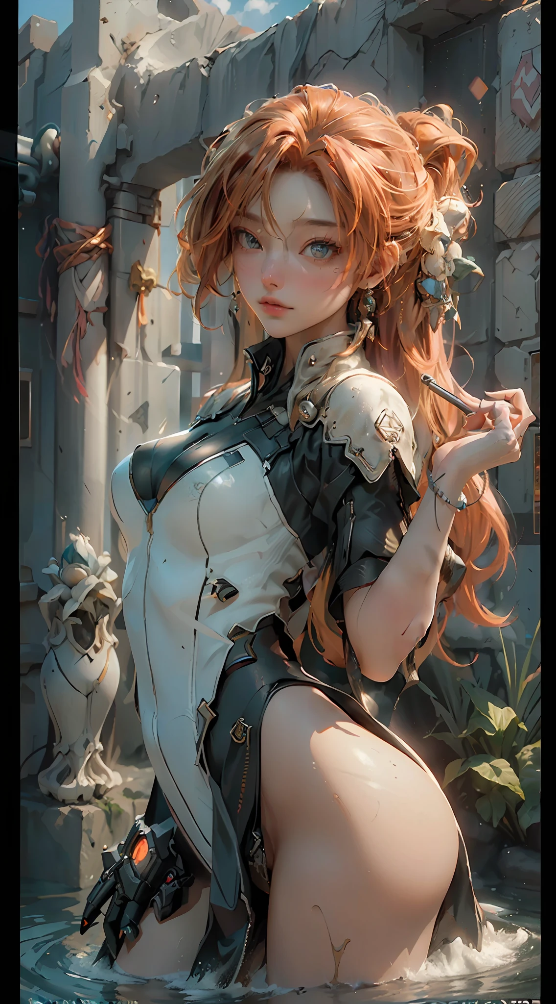 ((Best quality)), ((masterpiece)), (detailed:1.4), 3D, an image of a beautiful cyberpunk female,HDR (High Dynamic Range),Ray Tracing,NVIDIA RTX,Super-Resolution,Unreal 5,Subsurface scattering,PBR Texturing,Post-processing,Anisotropic Filtering,Depth-of-field,Maximum clarity and sharpness,Multi-layered textures,Albedo and Specular maps,Surface shading,Accurate simulation of light-material interaction,Perfect proportions,Octane Render,Two-tone lighting,Wide aperture,Low ISO,White balance,Rule of thirds,8K RAW,Masterpiece, best quality, (8k very detailed CG unit wallpaper) (best quality), (best illustration), (best shading) a golden sea wave, bright orange aol sunset through the wave, golden water drops flying, (:1. 6), full naked