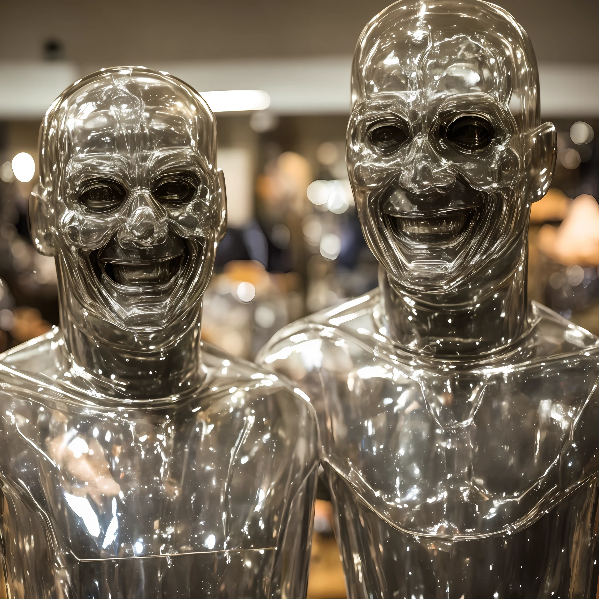 A terrifying man body made of glass with a mischievous smile on his face.