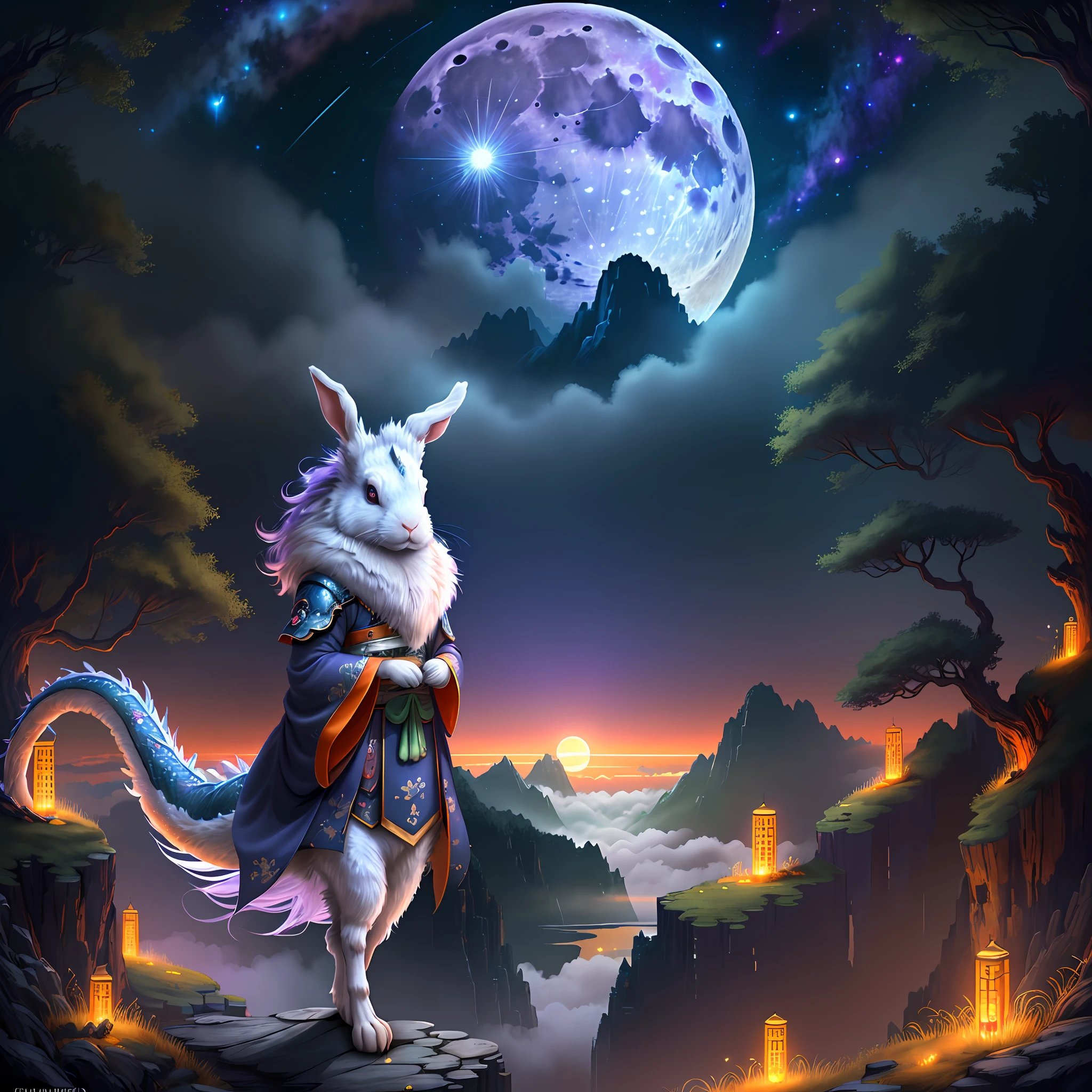 Vast landscape photos, (looking at the sky and the wilderness below), "A rabbit, magical, anthropomorphic, girl, angry expression, glowing eyes, Wanruo mask, Hanfu, background of ancient Chinese streets, night." Genshin Impact Impact, Best Quality, High Detail, High Quality, Ultra High Resolution, OC Rendering, 8K" Standing in a Flower Field and Looking Up, (Full Moon: 1.2), (Meteor: 0.9), (Nebula: 1.3), Far Away Mountains, Tree Breaking Making Art, (Warm Source: 1.2), (Firefly: 1.2), Lights, Purple and Orange, Intricate Details, Volumetric Lighting BREAK (Masterpiece: 1.2), (Highest Quality), 4K, Ultra Detailed, (Dynamic configuration: 1.4), Highly detailed and colorful details (rainbow color: 1.2), (Sparkling lighting, atmospheric lighting), Dreamy, magical, (Solo: 1.2), (Ying Dragon God), (Through the clouds), (Top of the mountains), (Complex), (Super Detail), (Starry Sky Background), (Stout Limbs), (Moon Night), (Ultra Clear), (Best Quality),
