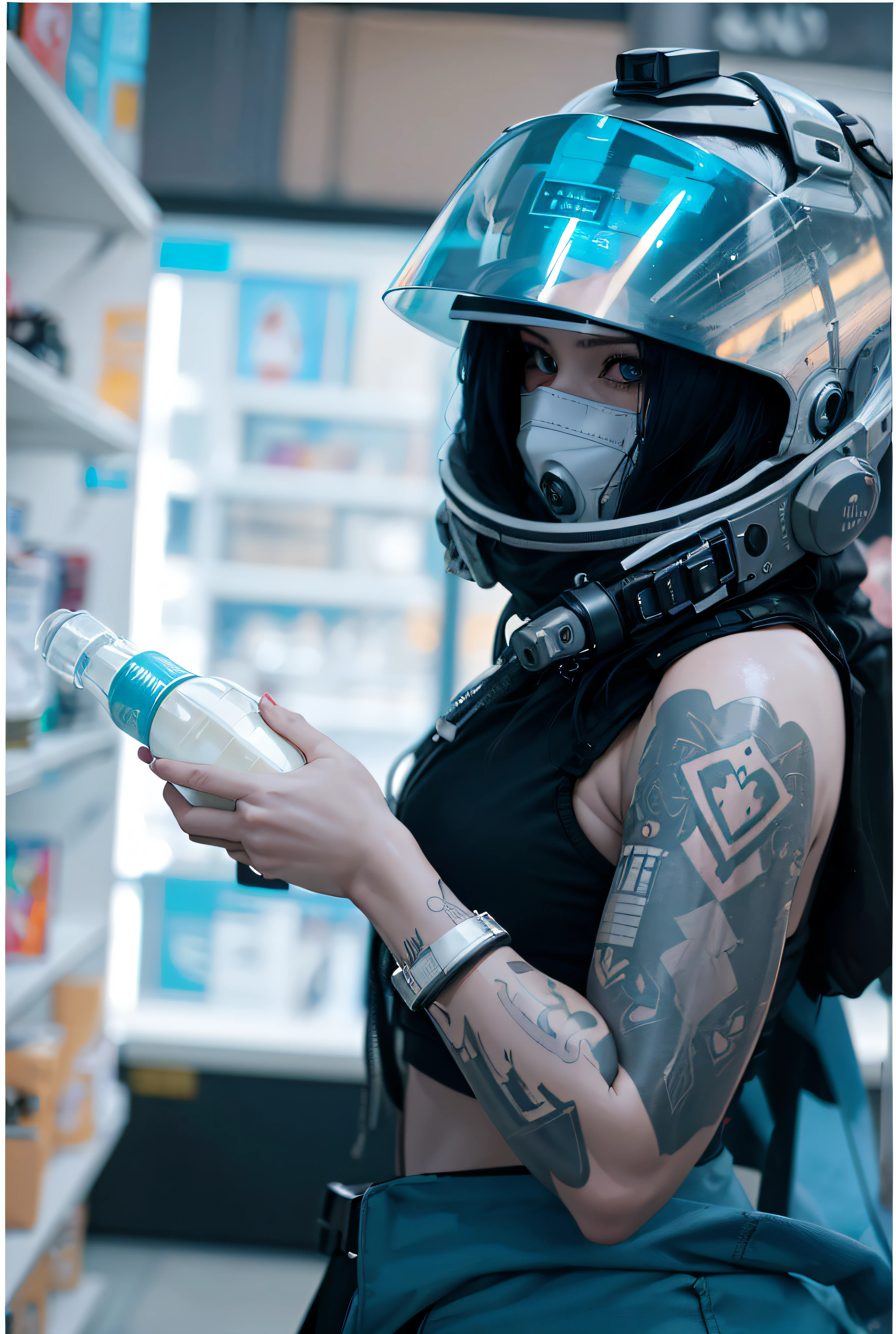 there is a woman in a helmet holding a bottle of water, in cyberpunk style, cyberpunk photo, has cyberpunk style, cyberpunk techwear, cyberpunk vibes, cyberpunk girl, hyper-realistic cyberpunk style, cyberpunk))), cyberpunk 2 0 y. o model girl, cyberpunk look, cyberpunk style, wearing cyberpunk streetwear, cyberpunk style , hyperrealistic, cyberpunk streetwear, muted cyberpunk style