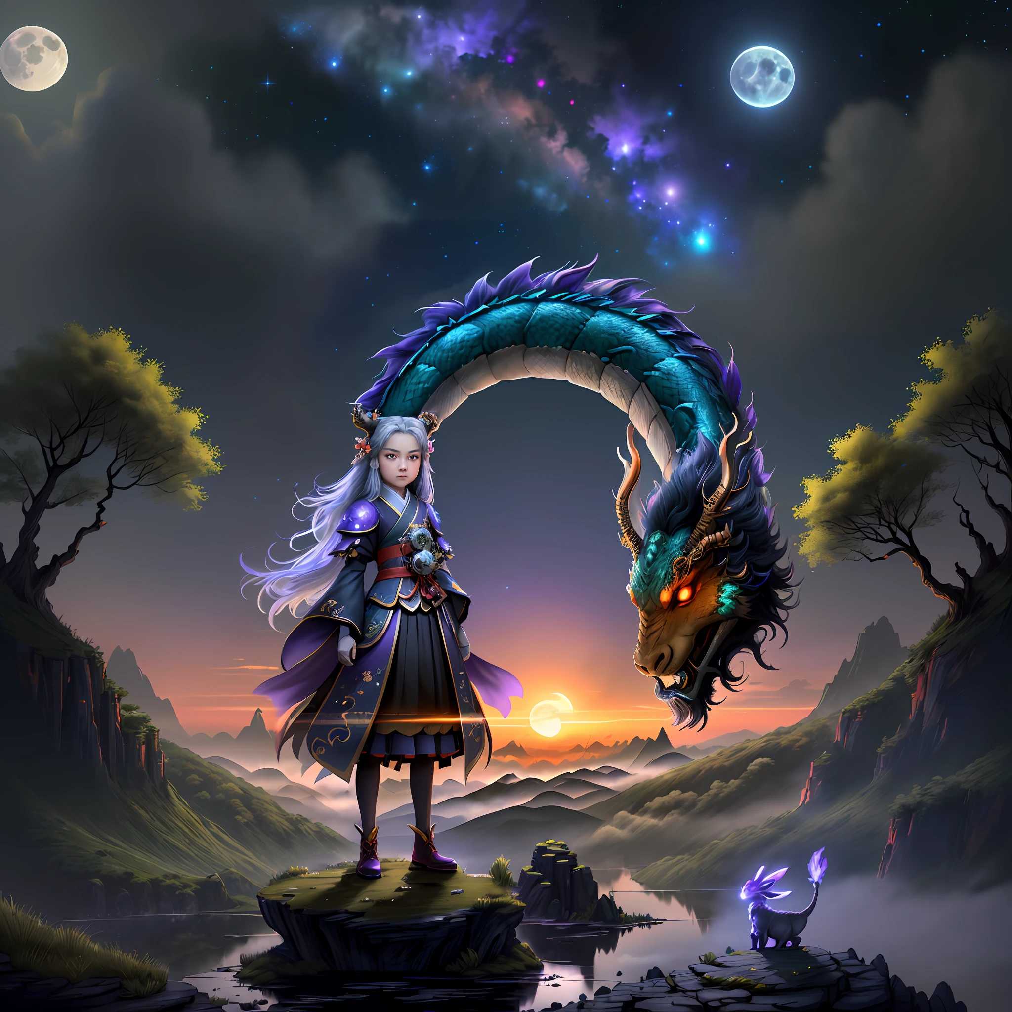 Vast landscape photos, (looking at the sky and the wilderness below), "A rabbit, magical, anthropomorphic, girl, angry expression, glowing eyes, Wanruo mask, Hanfu, background of ancient Chinese streets, night." Genshin Impact Impact, Best Quality, High Detail, High Quality, Ultra High Resolution, OC Rendering, 8K" Standing in a Flower Field and Looking Up, (Full Moon: 1.2), (Meteor: 0.9), (Nebula: 1.3), Far Away Mountains, Tree Breaking Making Art, (Warm Source: 1.2), (Firefly: 1.2), Lights, Purple and Orange, Intricate Details, Volumetric Lighting BREAK (Masterpiece: 1.2), (Highest Quality), 4K, Ultra Detailed, (Dynamic configuration: 1.4), Highly detailed and colorful details (rainbow color: 1.2), (Sparkling lighting, atmospheric lighting), Dreamy, magical, (Solo: 1.2), (Ying Dragon God), (Through the clouds), (Top of the mountains), (Complex), (Super Detail), (Starry Sky Background), (Stout Limbs), (Moon Night), (Ultra Clear), (Best Quality),