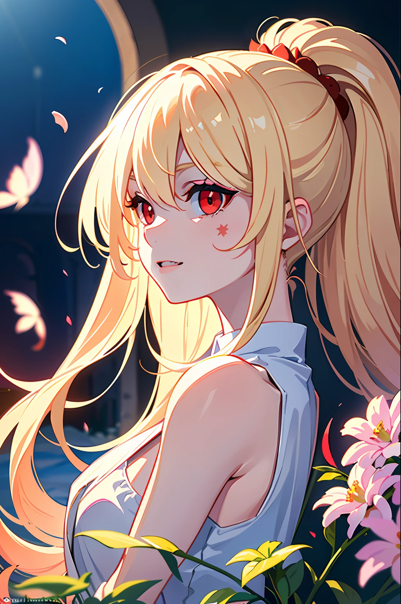 (masterpiece:1.2, best quality), (finely detailed beautiful eyes: 1.2), ((1girl)), ((solo)), (red eyes:1.4), (finely detailed eyes and detailed face:1.3), (beautiful and clear background:1.2), (extremely detailed CG, ultra-detailed, best shadow:1.1), ((depth of field)), ((watercolor)), bare shoulders, beautiful concept illustration, (white background:0.5), (illustration:1.1), (extremely fine and beautiful:1.1), (perfect details:1.1), from side, colorful, happy atmosphere, sleeveless, vampire, red eyes, fang teeth, pale skin, blond hair, royal, garden of flowers, calm expression, colorful flowers, sweet