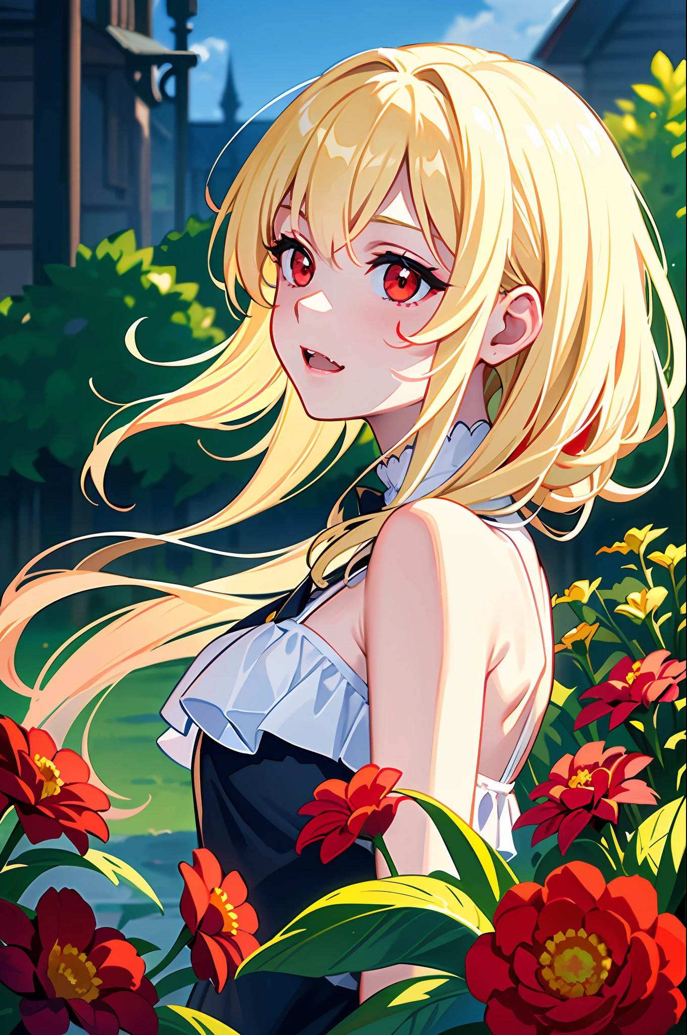 (masterpiece:1.2, best quality), (finely detailed beautiful eyes: 1.2), ((1girl)), ((solo)), (red eyes:1.4), (finely detailed eyes and detailed face:1.3), (beautiful and clear background:1.2), (extremely detailed CG, ultra-detailed, best shadow:1.1), ((depth of field)), ((watercolor)), bare shoulders, beautiful concept illustration, (white background:0.5), (illustration:1.1), (extremely fine and beautiful:1.1), (perfect details:1.1), from side, colorful, happy atmosphere, sleeveless, vampire, red eyes, fang teeth, pale skin, blond hair, royal, garden of flowers, calm expression, colorful flowers, sweet