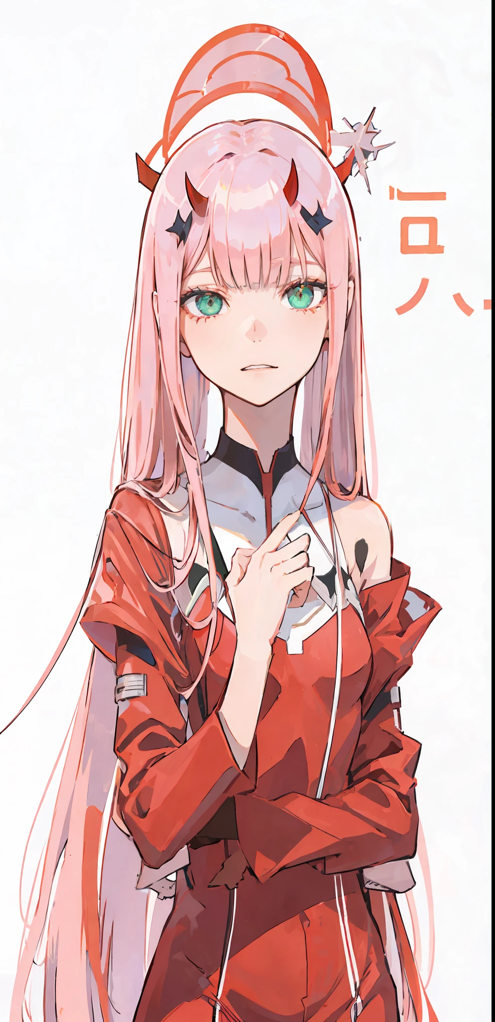 zero two \(darling in franxx\), darling in franxx, 1girl, bangs, bite, shadow, green eyes, horns, long hair, looking at the viewer, small breasts, makeup, small breasts, red bodysuit, pink hair, red eyeshadow, tight skin, solo