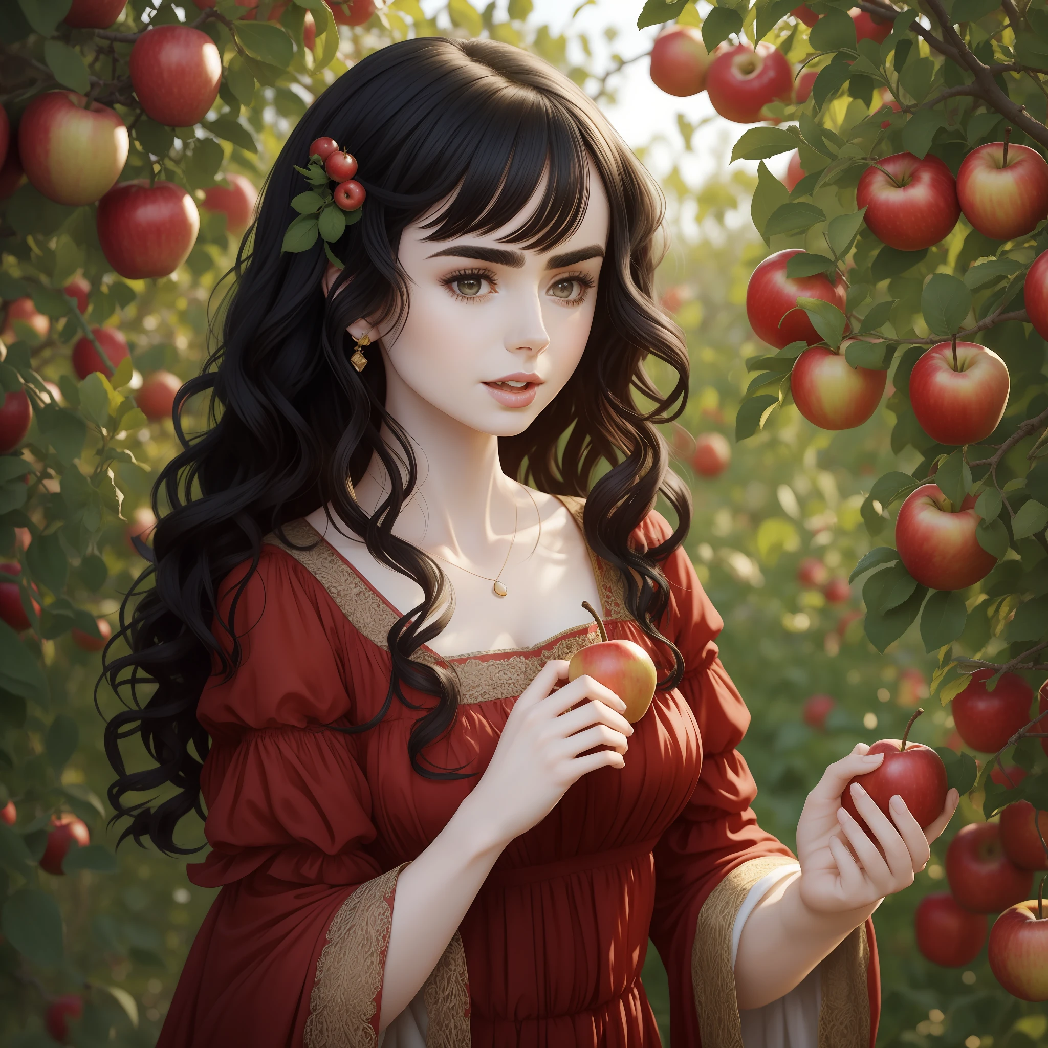 Lily Collins with curly black hair, in a light red medieval dress, picking apples in an orchard full of fruit trees