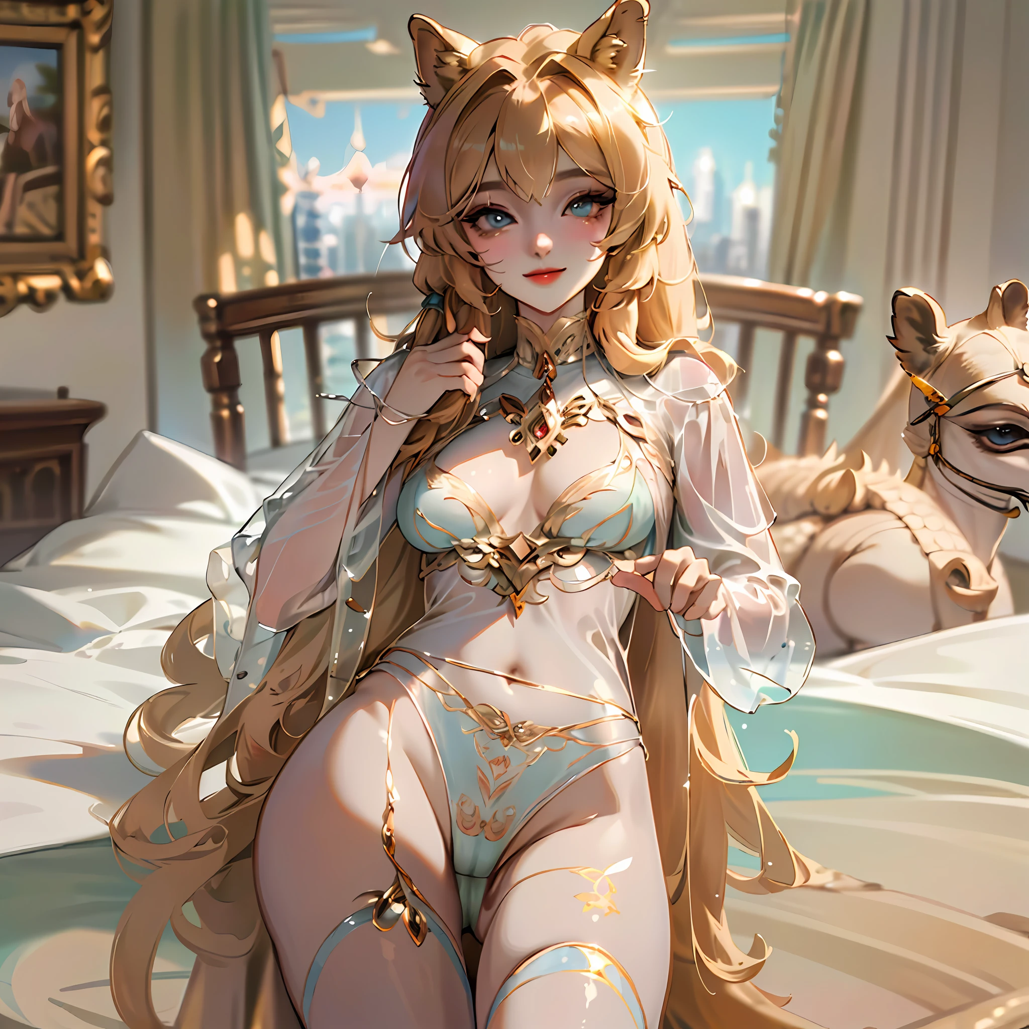 (Ultra Realistic), (Illustration), (Increased Resolution), (8K), (Extremely Detailed), (Best Illustration), (Beautiful and Detailed Eyes), (Best Quality), (Ultra Detailed), (Masterpiece ), smiling, see-through underwear, (( Camel toe)),, long legs, thin waist, ultra-fine makeup, ultra-fine clothing material, --auto --s2