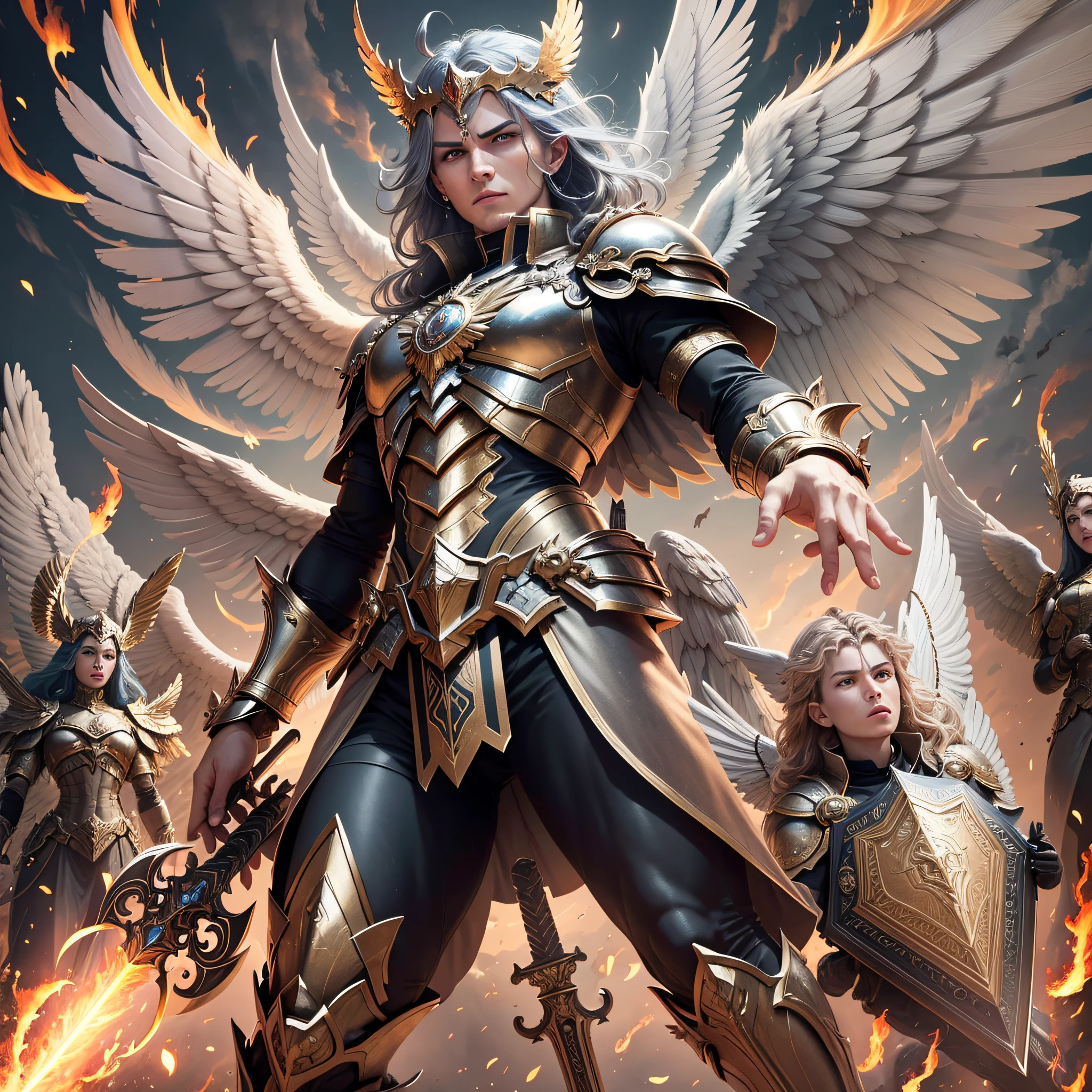 Create an image of an archangel with four large wings who is leading an army of angels to fight the forces of evil in an epic battle. He has a flaming sword in one hand and a shield in the other, and his face is determined and courageous. UHD, high details, super detail, best quality, 8k --auto --s2