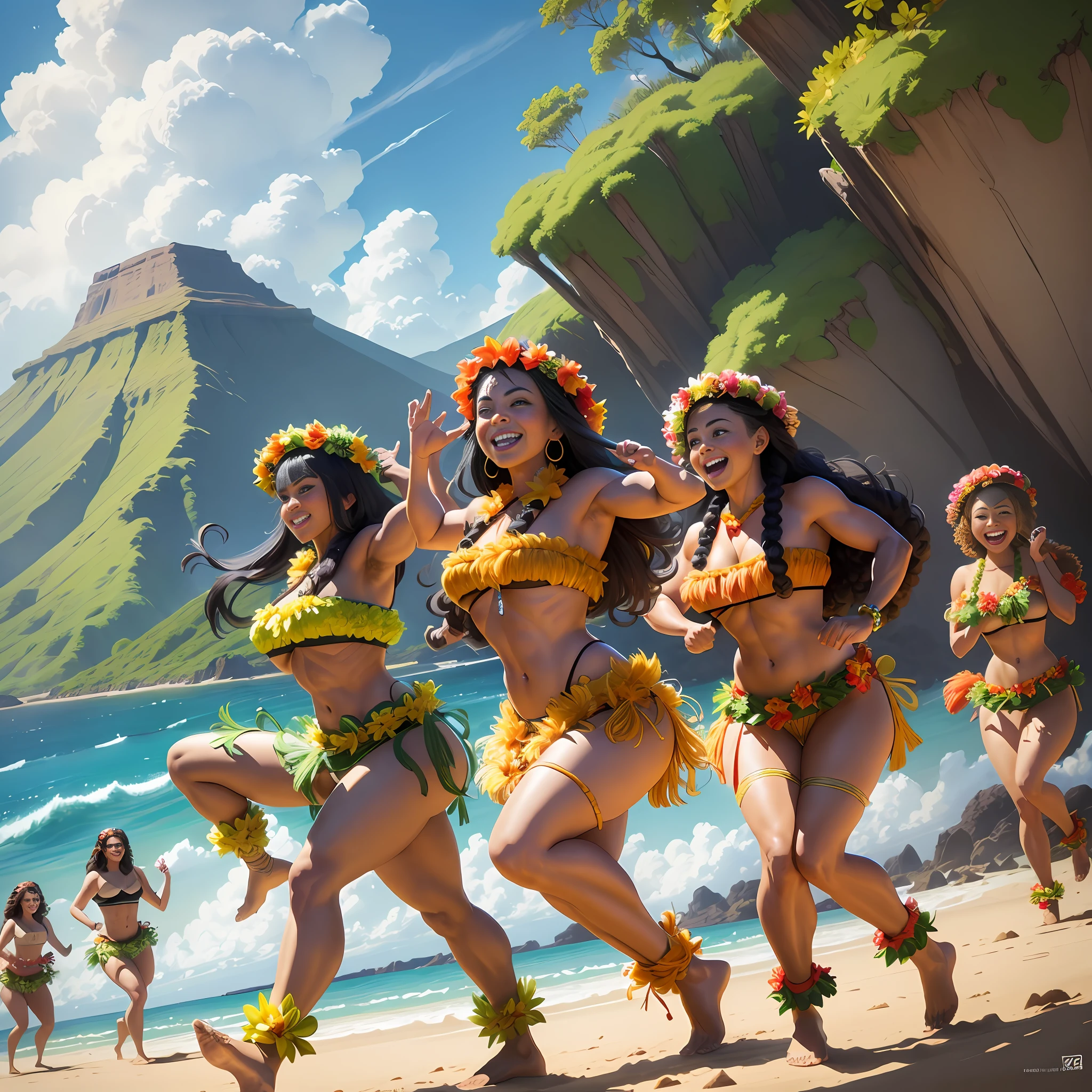 A smiling Dwayne Johnson wearing a grass skirt and a flower lei, hula dancing with a group of locals in front of a volcano, cartoon style, low angle, digital painting, Adobe Photoshop, 4K, cel shading, bright colors, exaggerated proportions, funny expressions --ar 16:9 --v 5