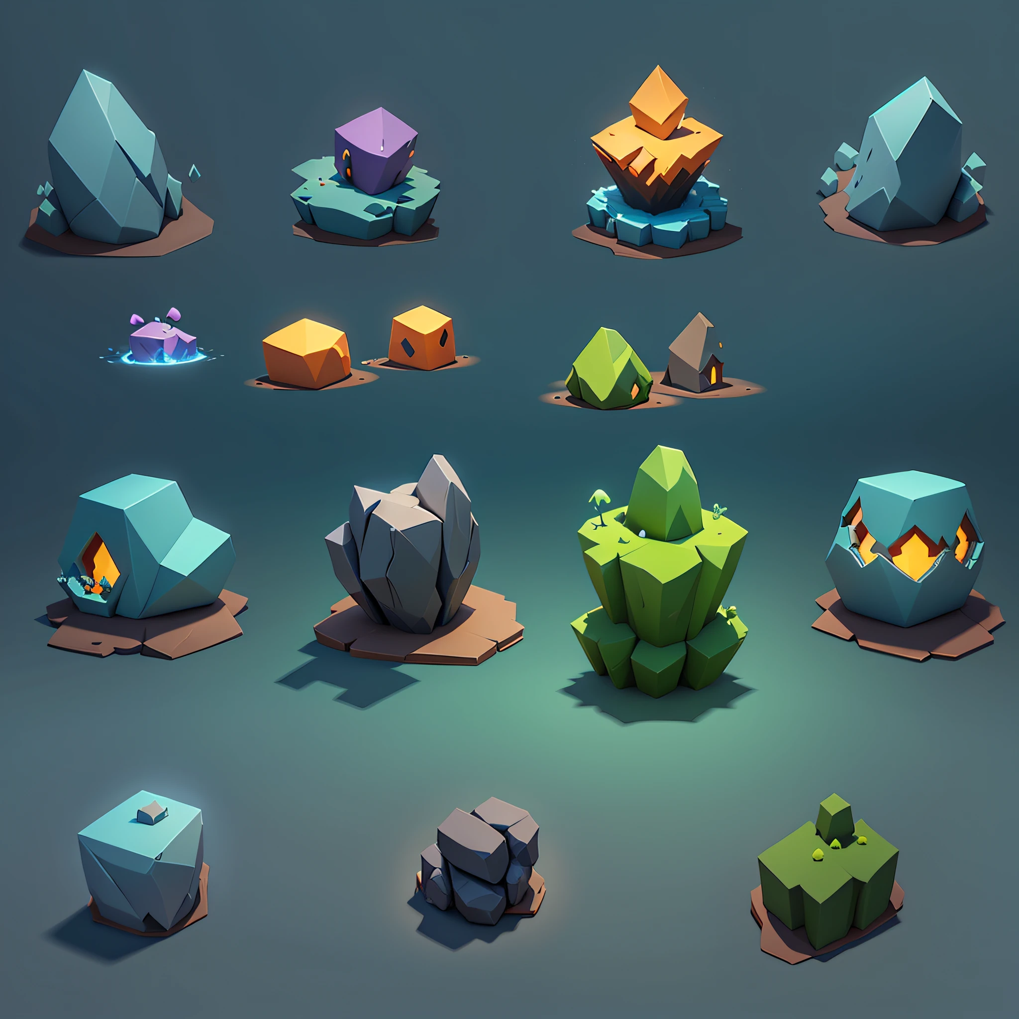 3d unity assets of rocks for a 2d platformer game, low poly style, rayman legends style with no characters or person or living animals --auto --s2