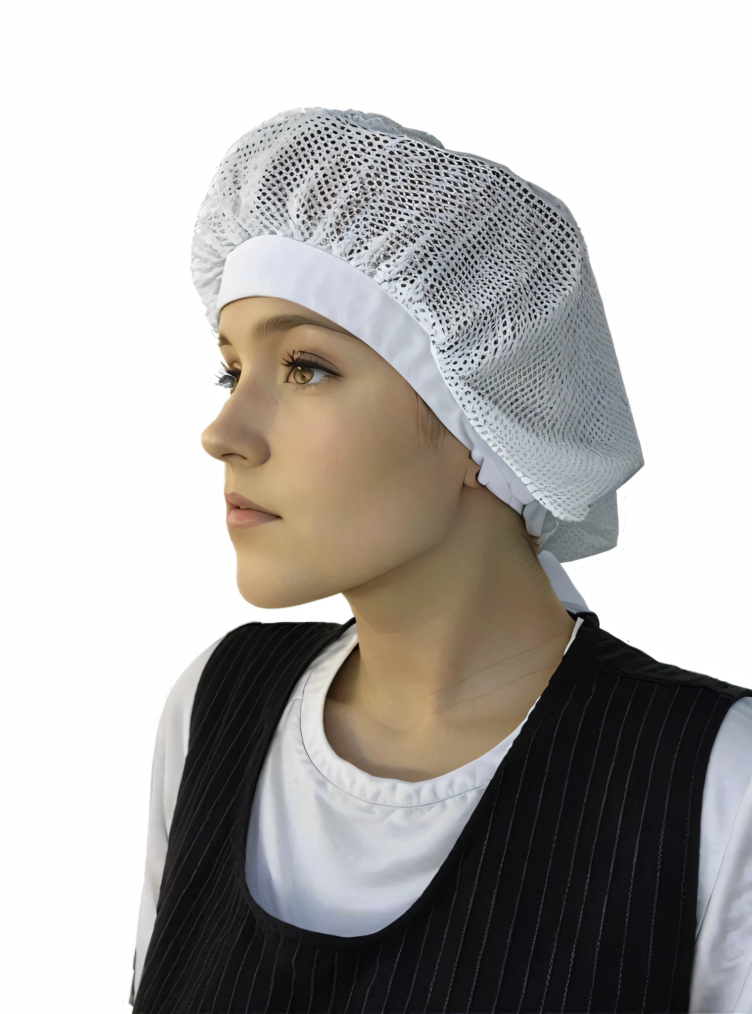 A closeup of a woman's head wearing a white cap, full body view. white plastic, shower cap, knitted headdress, wearing a white shower cap, wearing white chef's hat, head covered, chef's hat, white transparent veil, full head, with rap cap on head, wearing white silk hoodie, berets, round hood, hats, side profile view