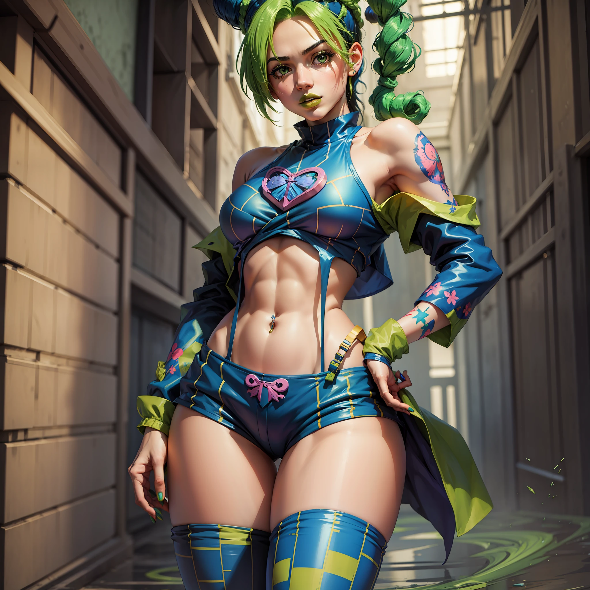 anime art, 1girl, jolynejojo, fullbody, digital art, masterpiece, green and blue hair, crop top sakistyle