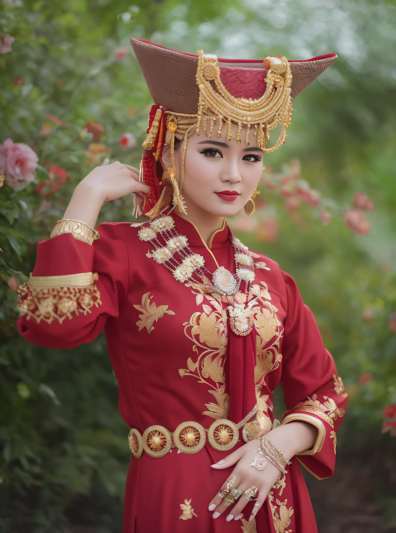 there is a woman in a red dress and a hat, traditional beauty, a large protruding chest pushed against the cloth she was wearing, traditional dress, wearing traditional garb, traditional clothes, shot on nikon  z 9, traditional costume, wearing authentic attire, traditional clothing, shot on nikon  z 9, traditional photography, wearing ornate clothing, traditional, traditional makeup, shot on nikon  z 9, profesional photography, wearing red attire, portrait shot, wearing an ornate outfit, sigma art 85mm f 1 . 2 lens