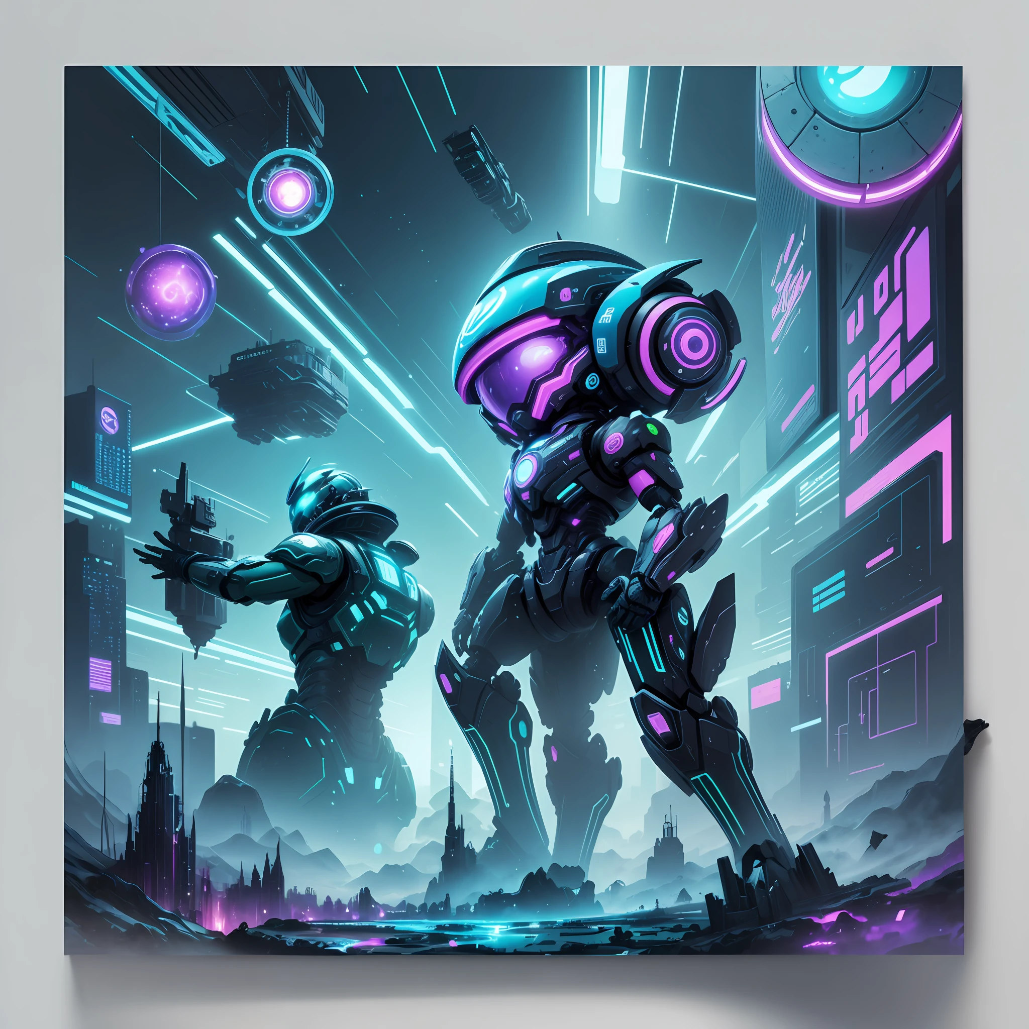 Technological world, futuristic in cyan green and bright purple colors, technology, robots, heroes, enchanted world, sparkles and stickers