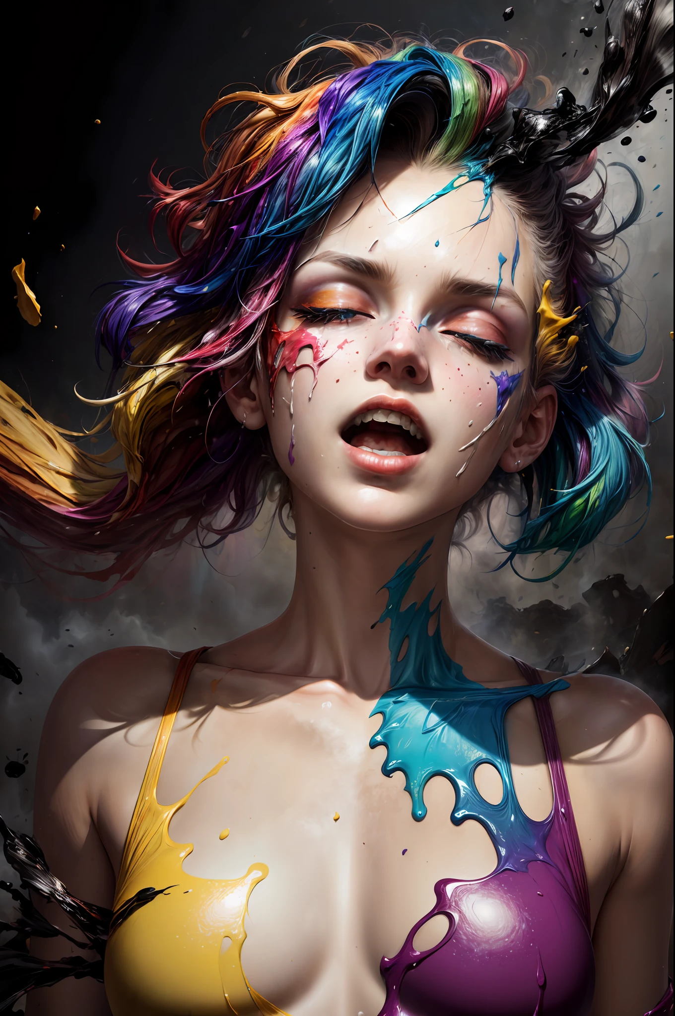 (level difference:1.8),(Paint colliding and splashing on the canvas),(depth of field),(flat color :1.1,(yellow theme)),1 girl,screaming,propaganda poster,full body,strong wind,heavy smoke,(liquid paint rainbow hair:1.1) made of paint and defies gravity,thick flowing,(paint splatter:1.3),Liquid state,stunningly beautiful, masterpiece, detailed background,ultra high quality model, ethereal background,abstract beauty, explosive volumetric, oil painting,heavy strokes,Romantic lighting,Sub-Surface Scatterring,glow,8k,high resolution, dreamy,ray tracing,hdr,god rays,