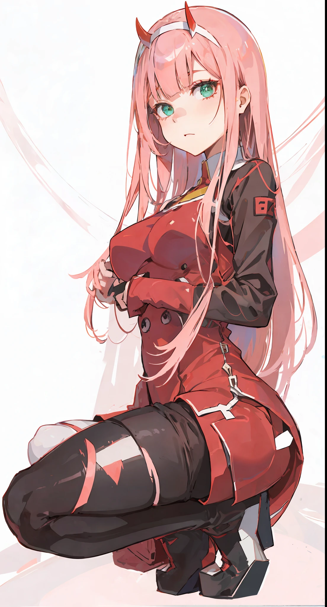 zero two \(darling on franxx\), darling on franxx, 1girl, bangs, bite, from behind, shadow, green eyes, horns, long hair, looking at the viewer, small breasts, makeup, red bodysuit, Pantyhose, big thighs, long boots, pink hair, red eyeshadow, tight skin, solo