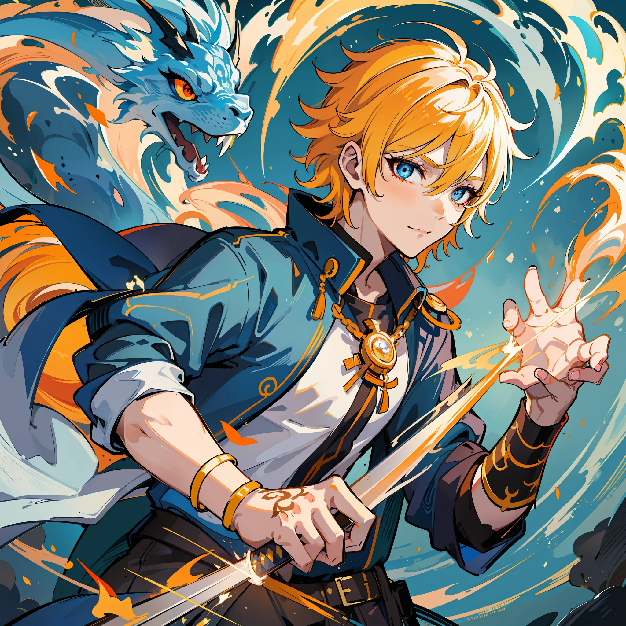 1 man, Jaune Arc, God of Fire and thunder, Pale blonde hair, upper body to show, Bright blue oriental dragon tattoo on left arm, bright orange oriental dragon tattoo on left arm, bright white pupils, Katana on right hand, serene expression, calm look, flaming aura with blue rays, Fire powers, Lightning powers
