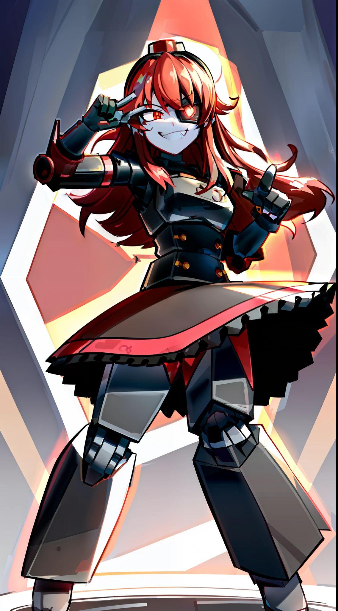 ((masterpiece, best quality)), mimi-sentry, fang, solo, humanoid robot, checkered skirt, eyepatch, siren hat, red hair, cowboy shot, full body, solo, smug smile, half-closed eyes, glowing red eyes